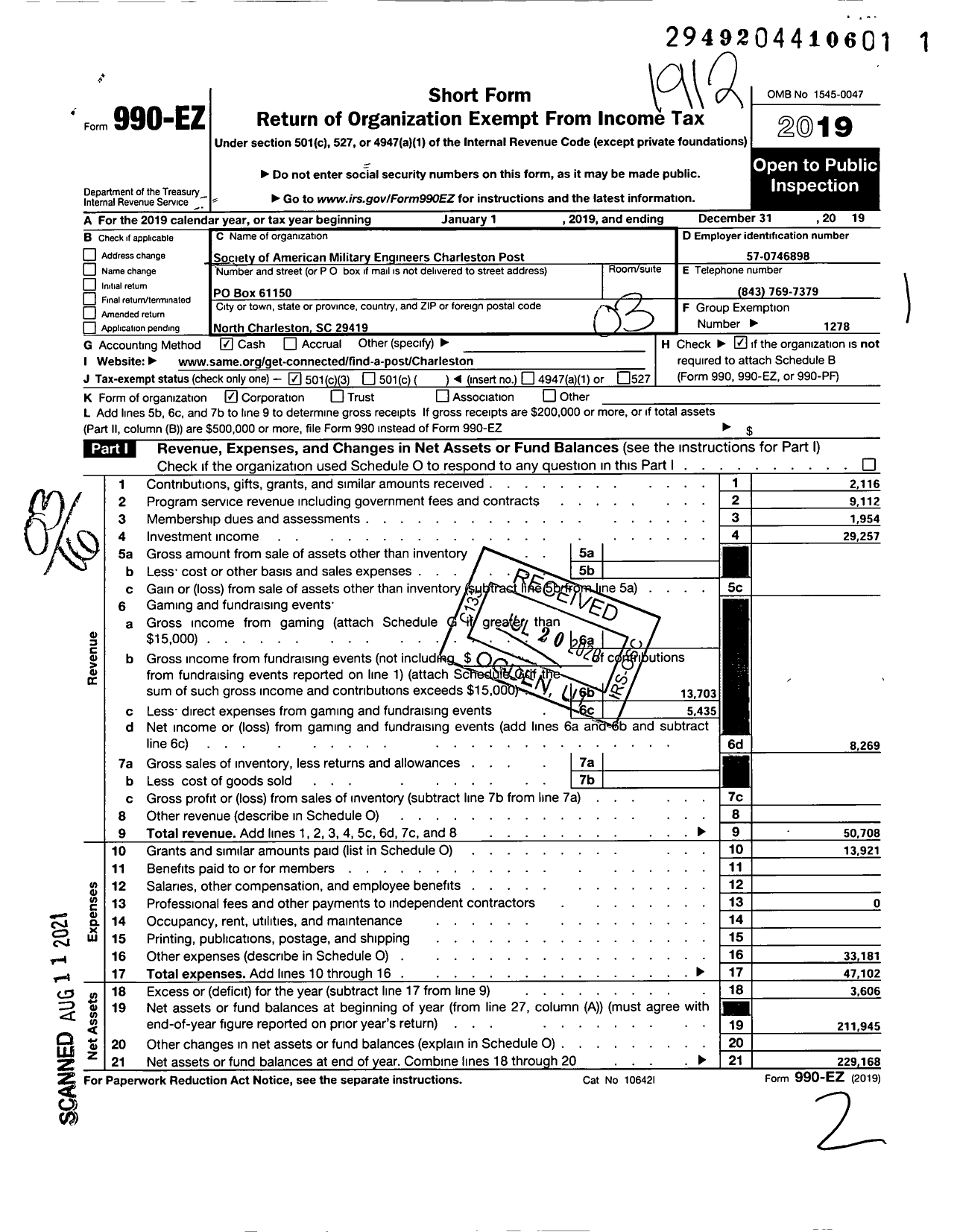 Image of first page of 2019 Form 990EZ for Society of American Military Engineers / S A M E Charleston Post