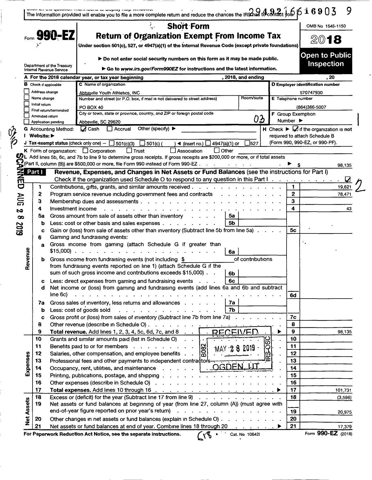 Image of first page of 2018 Form 990EZ for Abbeville Youth Football