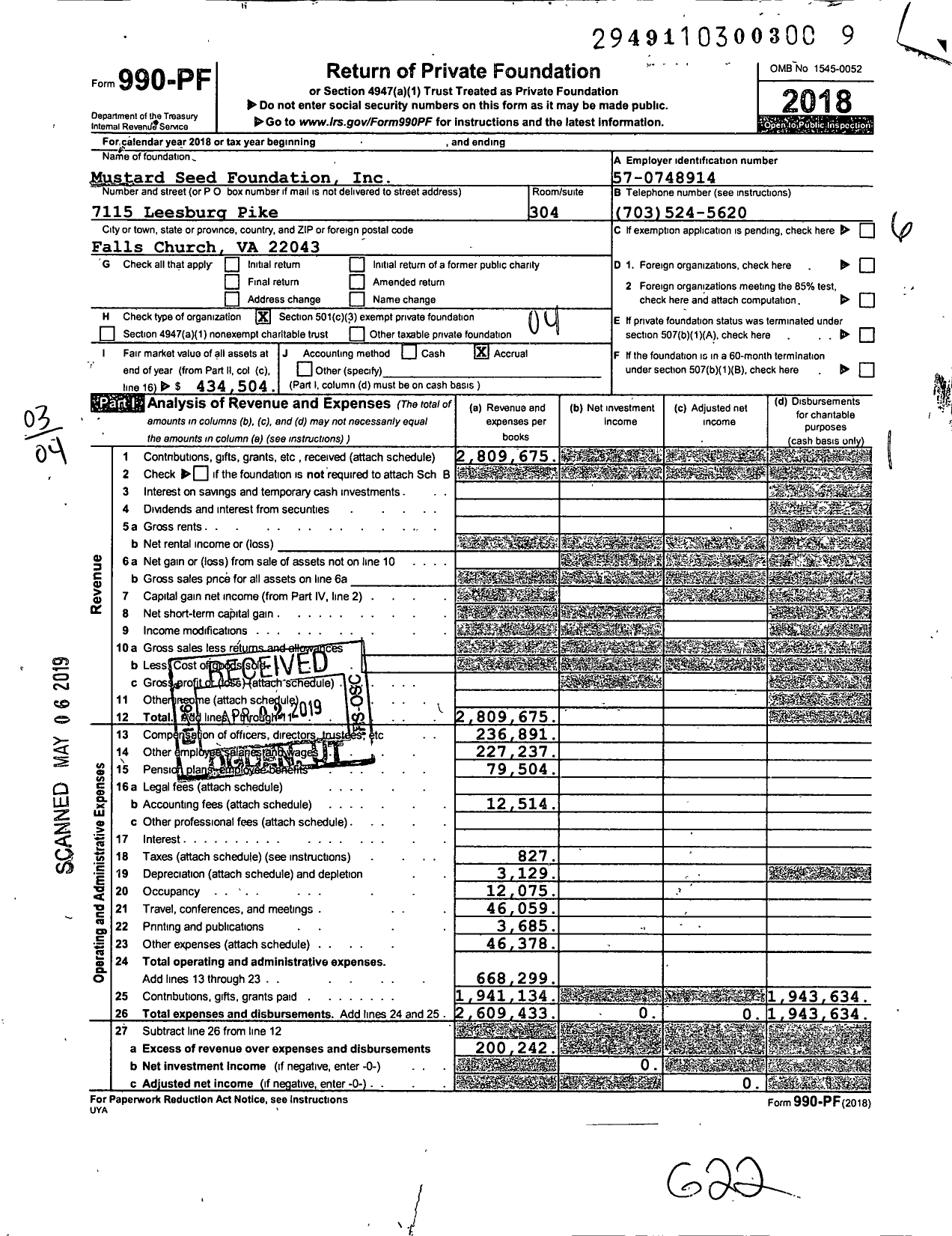 Image of first page of 2018 Form 990PF for Mustard Seed Foundation