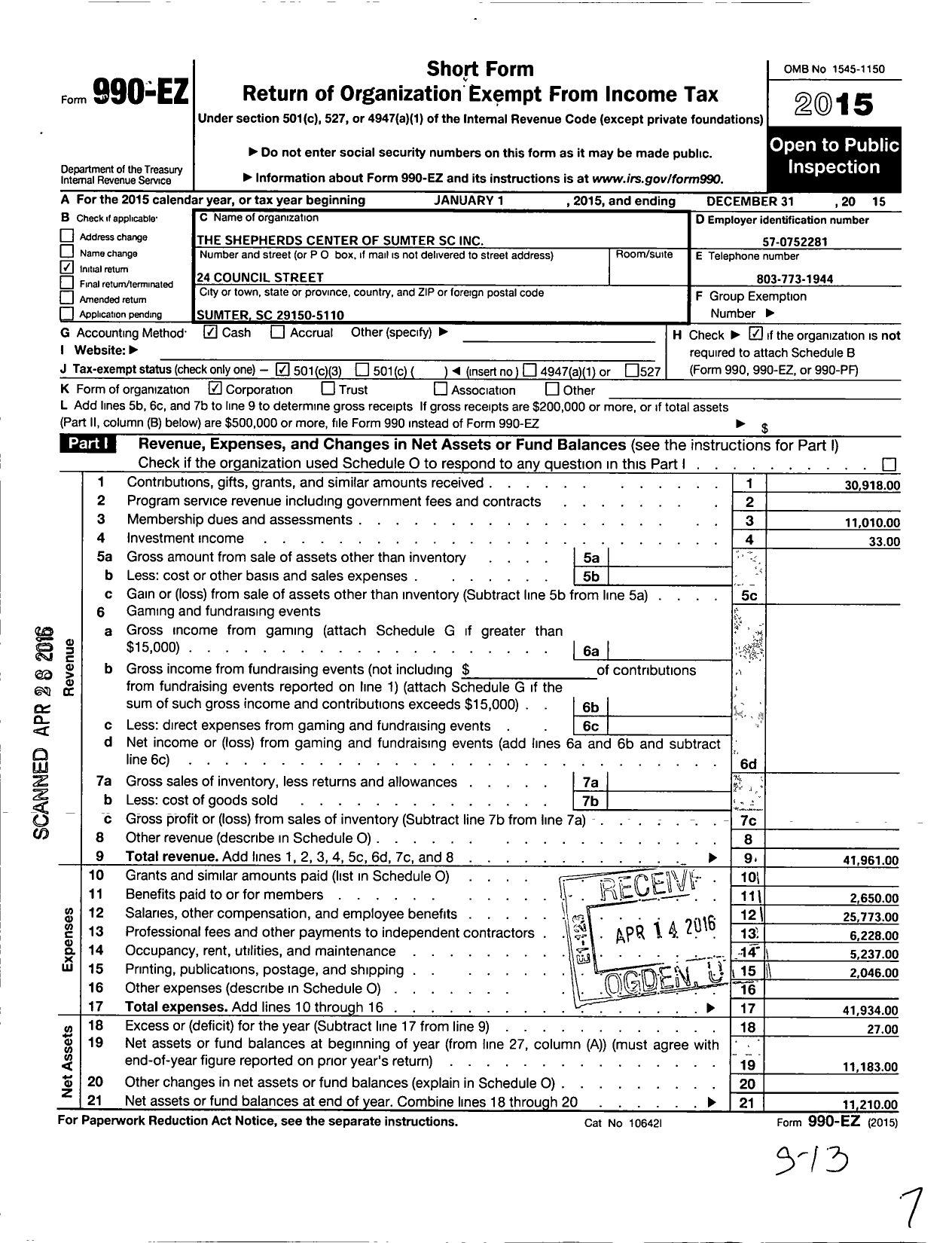 Image of first page of 2015 Form 990EZ for The Shepherds Center of Sumter South Carolina