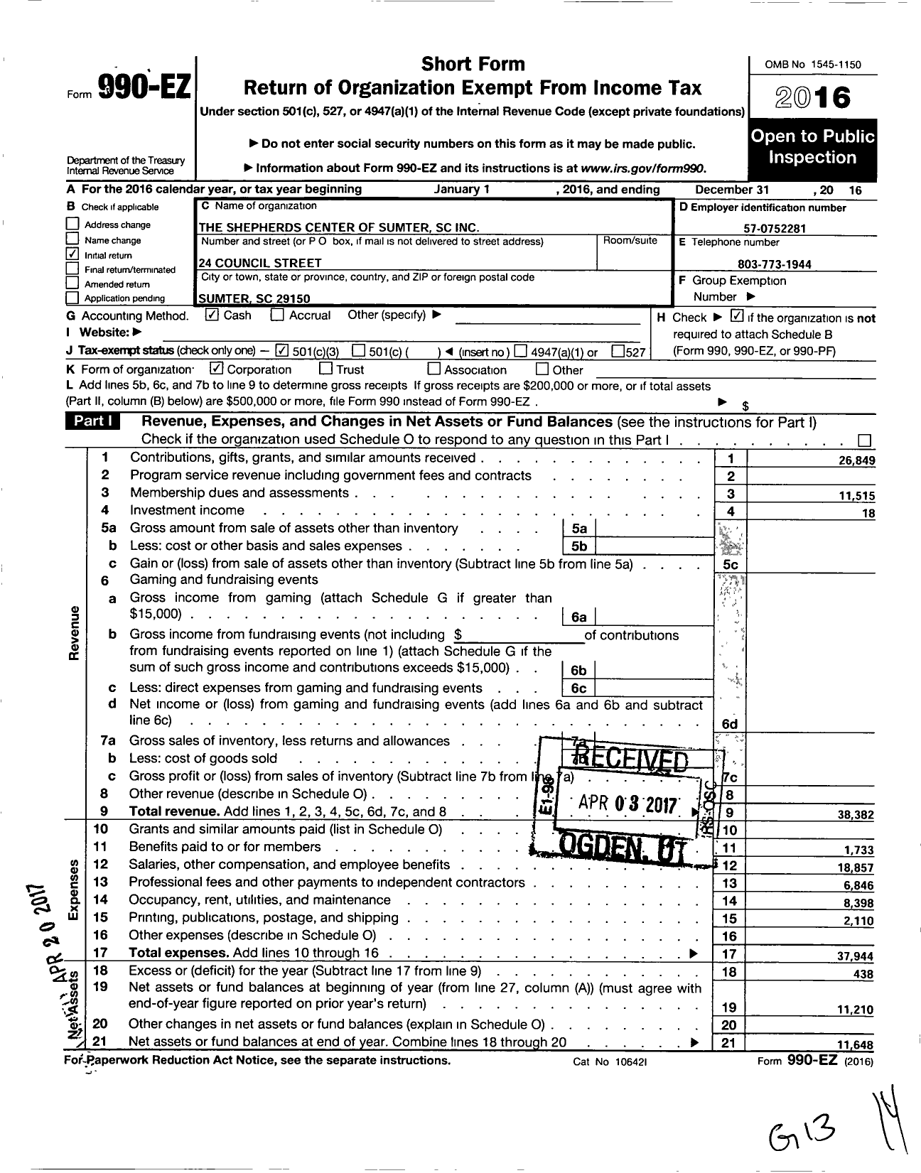 Image of first page of 2016 Form 990EZ for The Shepherds Center of Sumter South Carolina