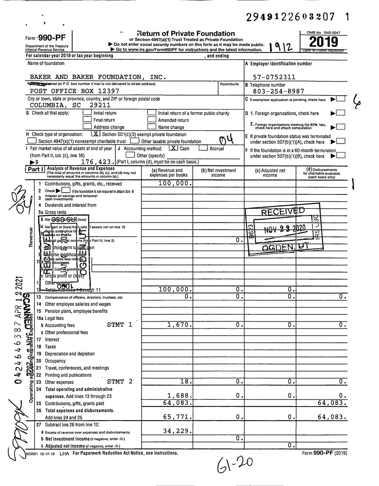 Image of first page of 2019 Form 990PF for Baker and Baker Foundation