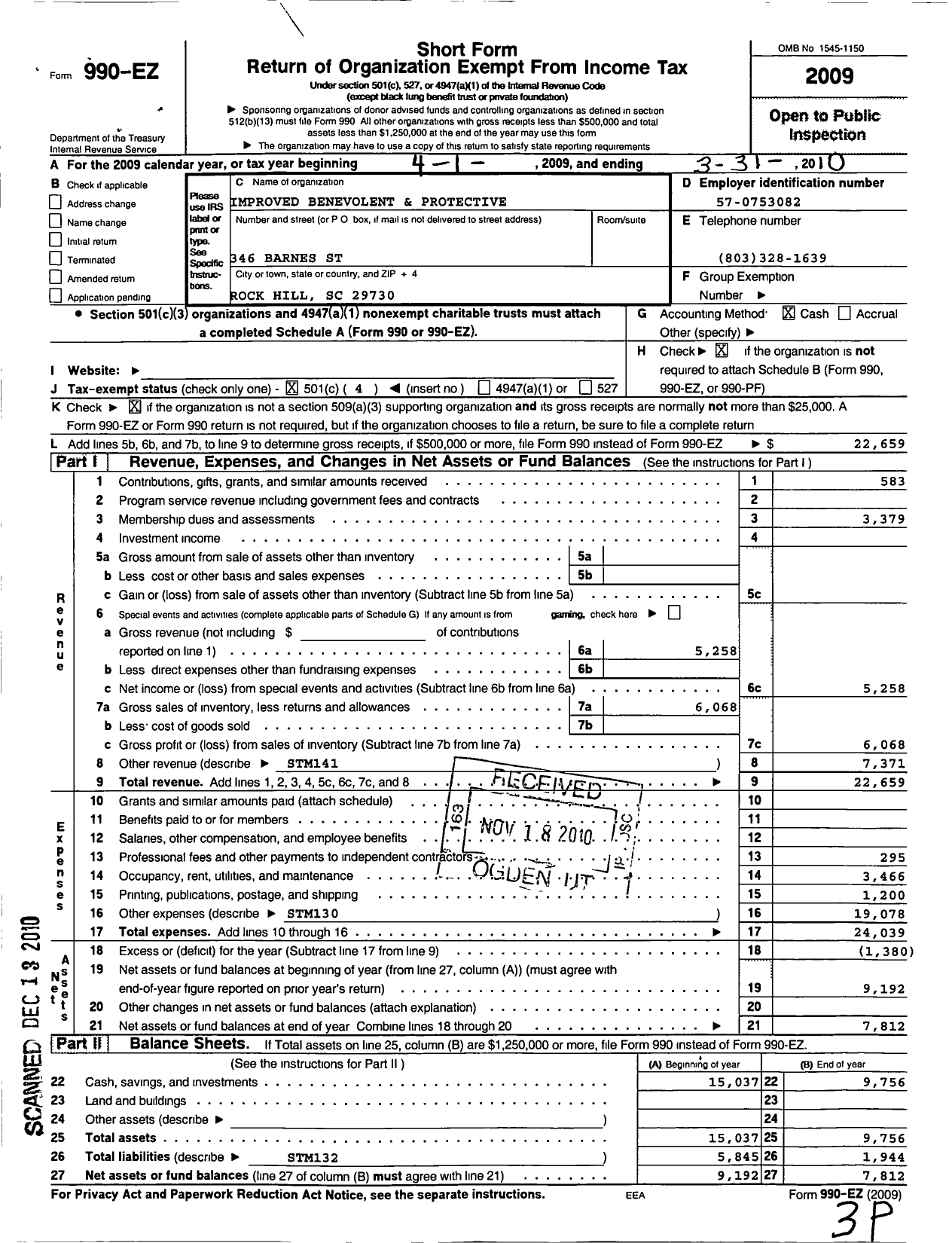 Image of first page of 2009 Form 990EO for Improved Benevolent and Protective Order of Elks of the World - SC State Association