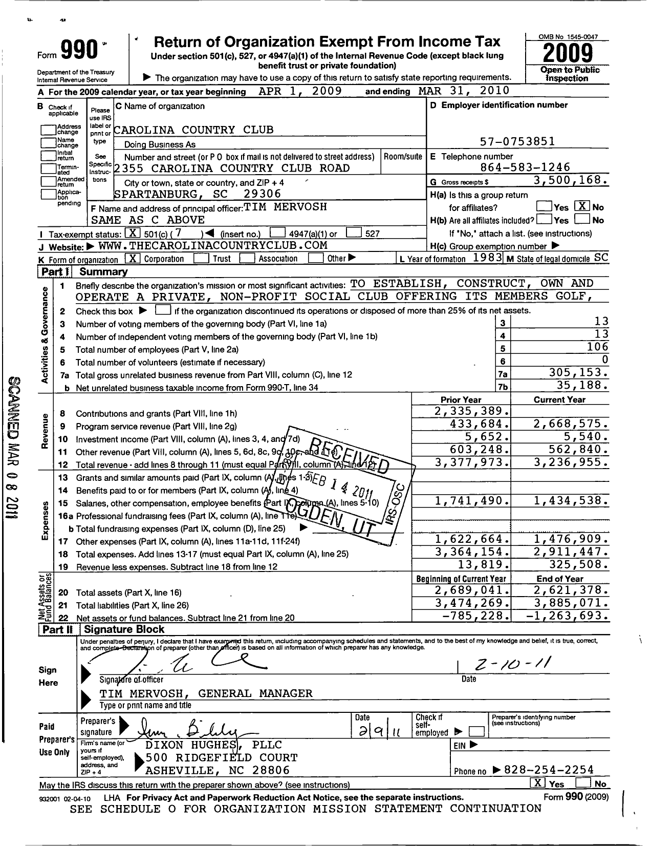 Image of first page of 2009 Form 990O for Carolina Country Club