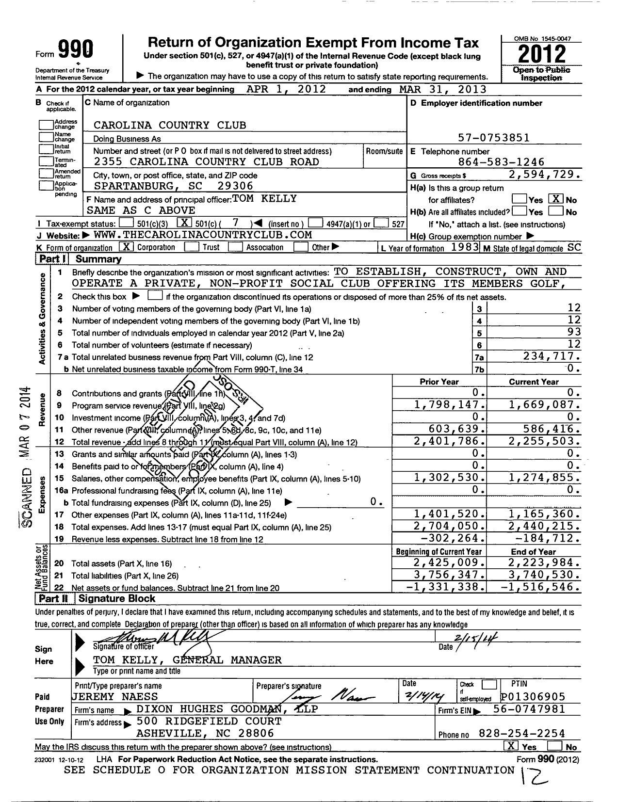 Image of first page of 2012 Form 990O for Carolina Country Club