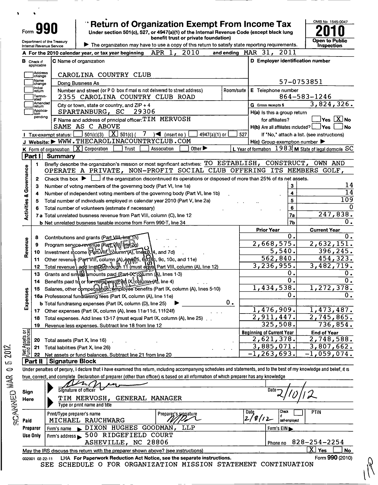 Image of first page of 2010 Form 990O for Carolina Country Club