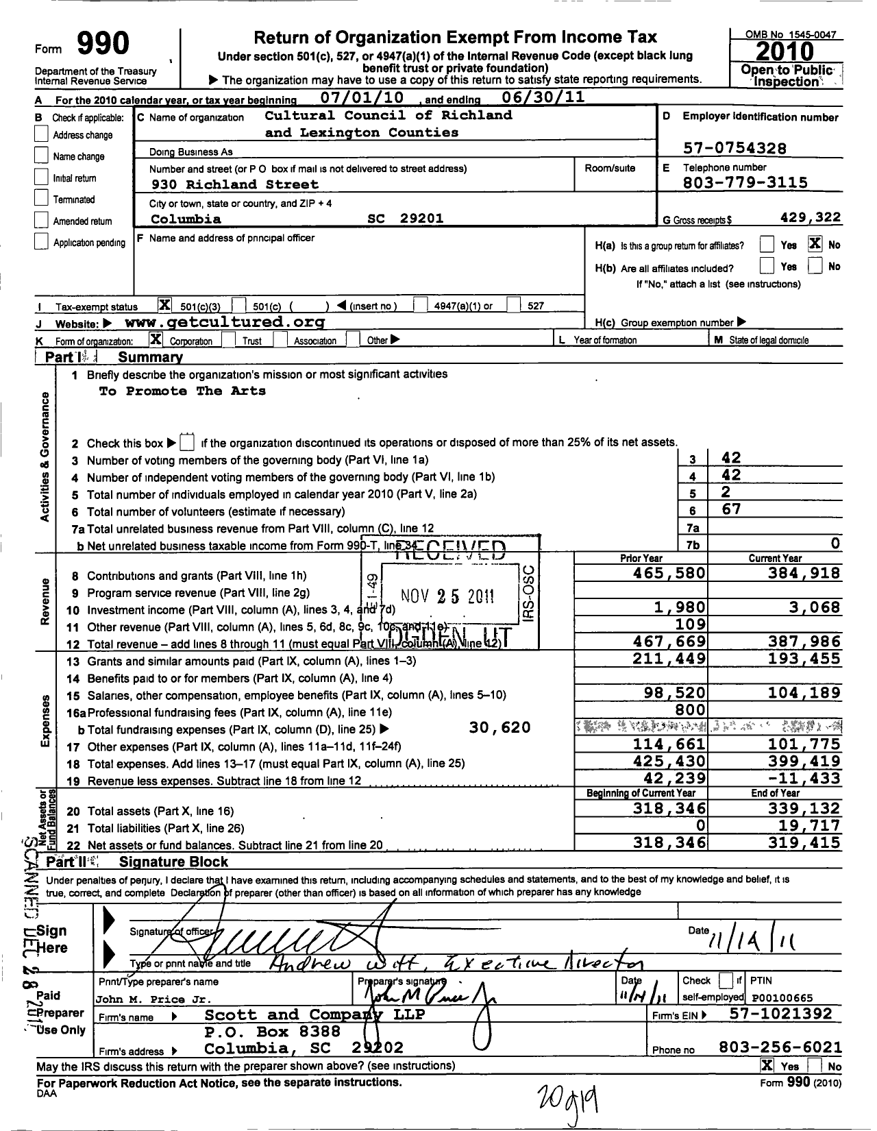 Image of first page of 2010 Form 990 for Cultural Council of Richland and Lexington Counties