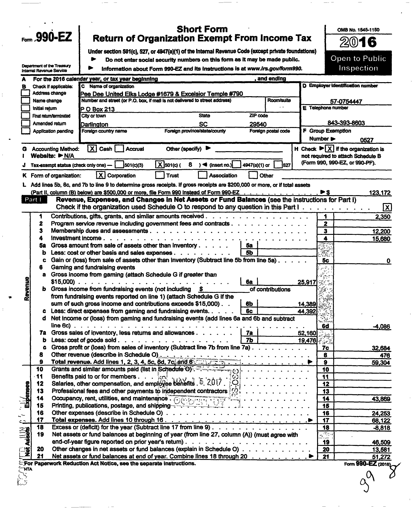 Image of first page of 2016 Form 990EO for Improved Benevolent and Protective Order of Elks of the World - Pee Dee United Elks LDG 1679