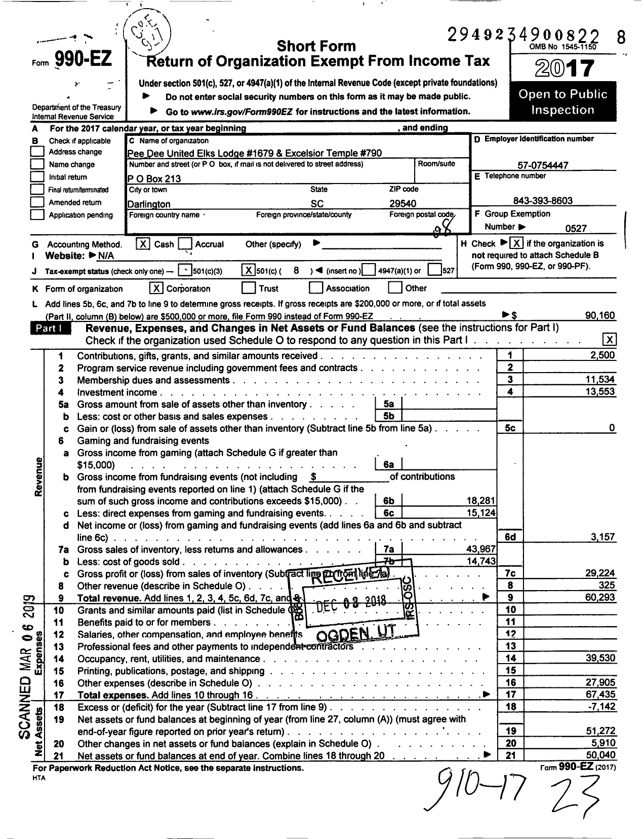 Image of first page of 2017 Form 990EO for Improved Benevolent and Protective Order of Elks of the World - Pee Dee United Elks LDG 1679