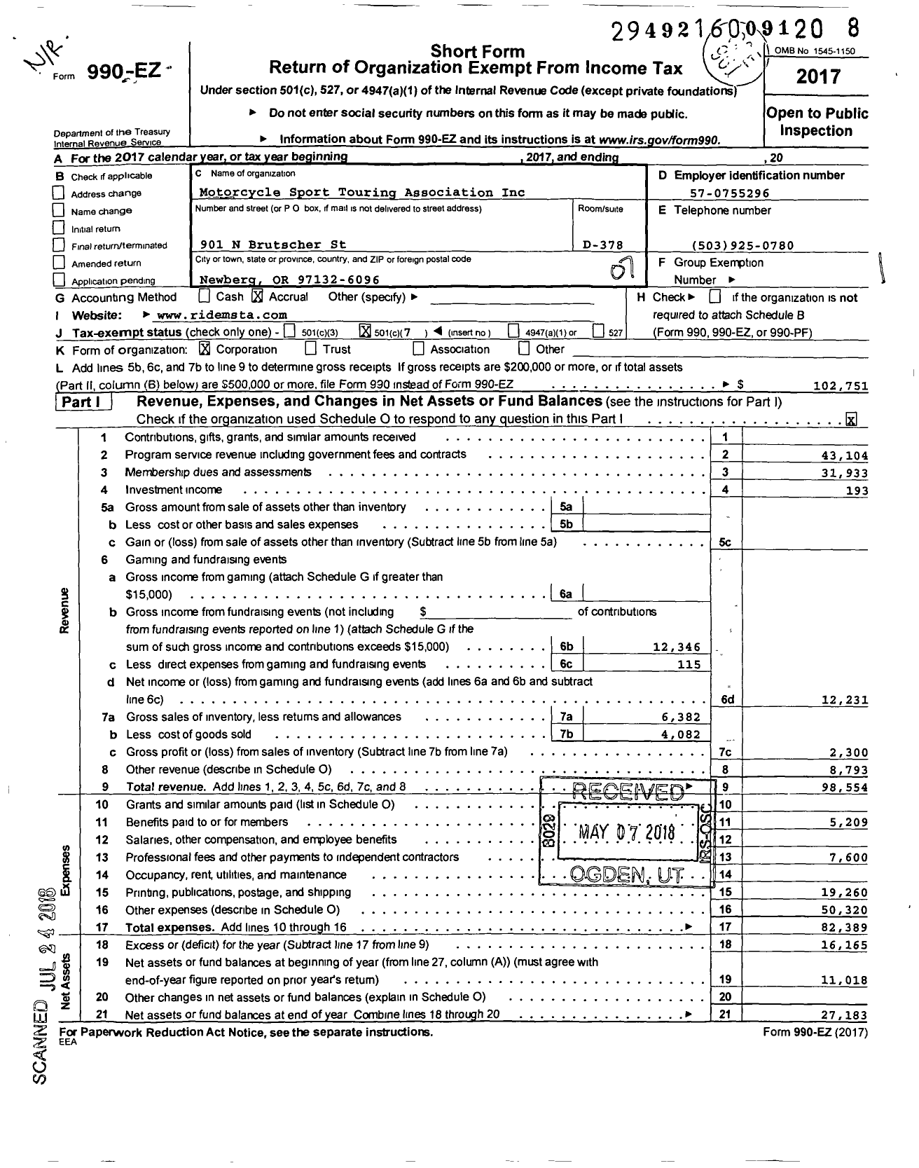 Image of first page of 2017 Form 990EO for Motorcycle Sport Touring Association