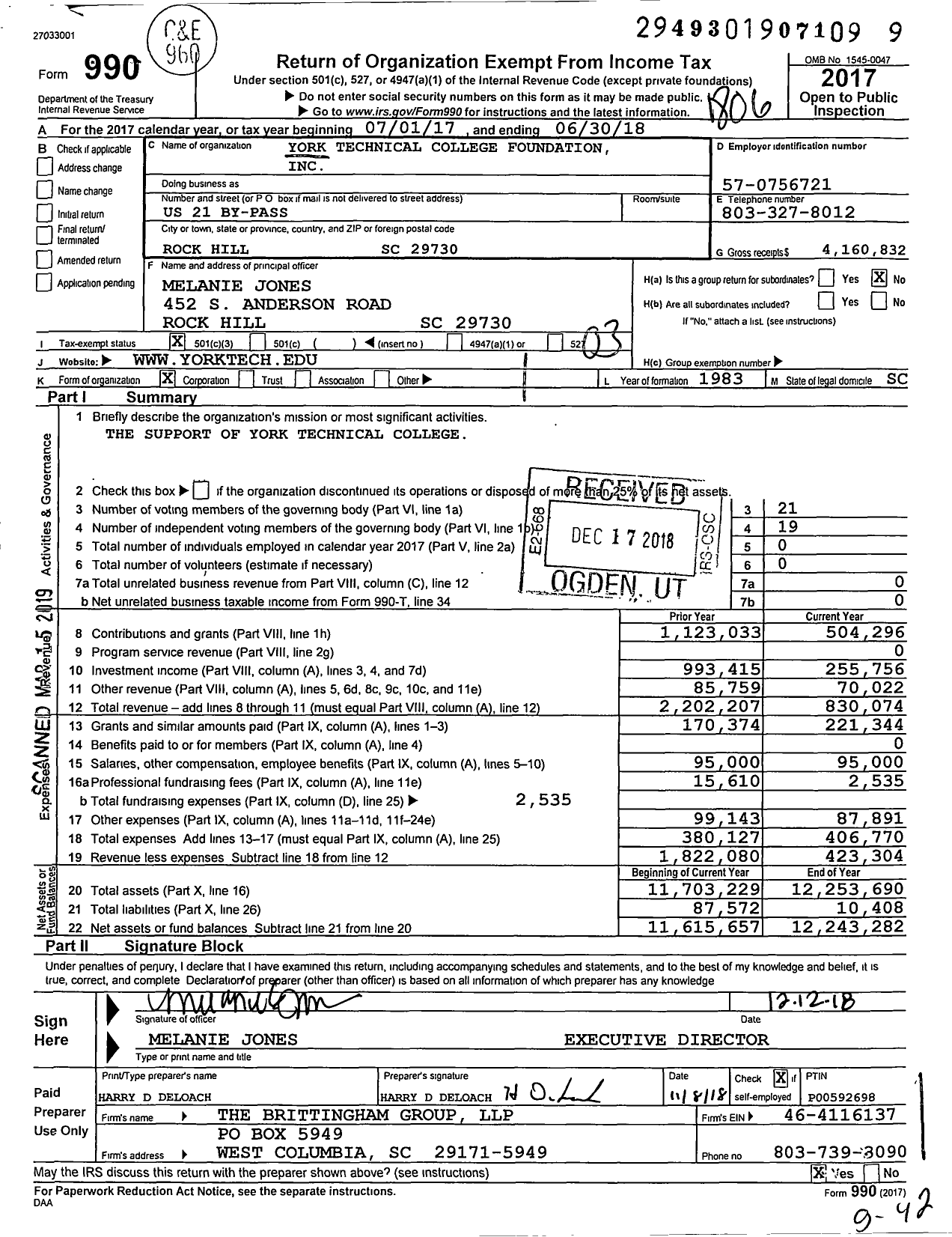 Image of first page of 2017 Form 990 for York Technical College Foundation