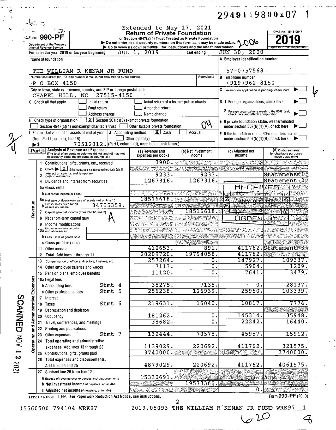 Image of first page of 2019 Form 990PF for The William R Kenan JR Fund