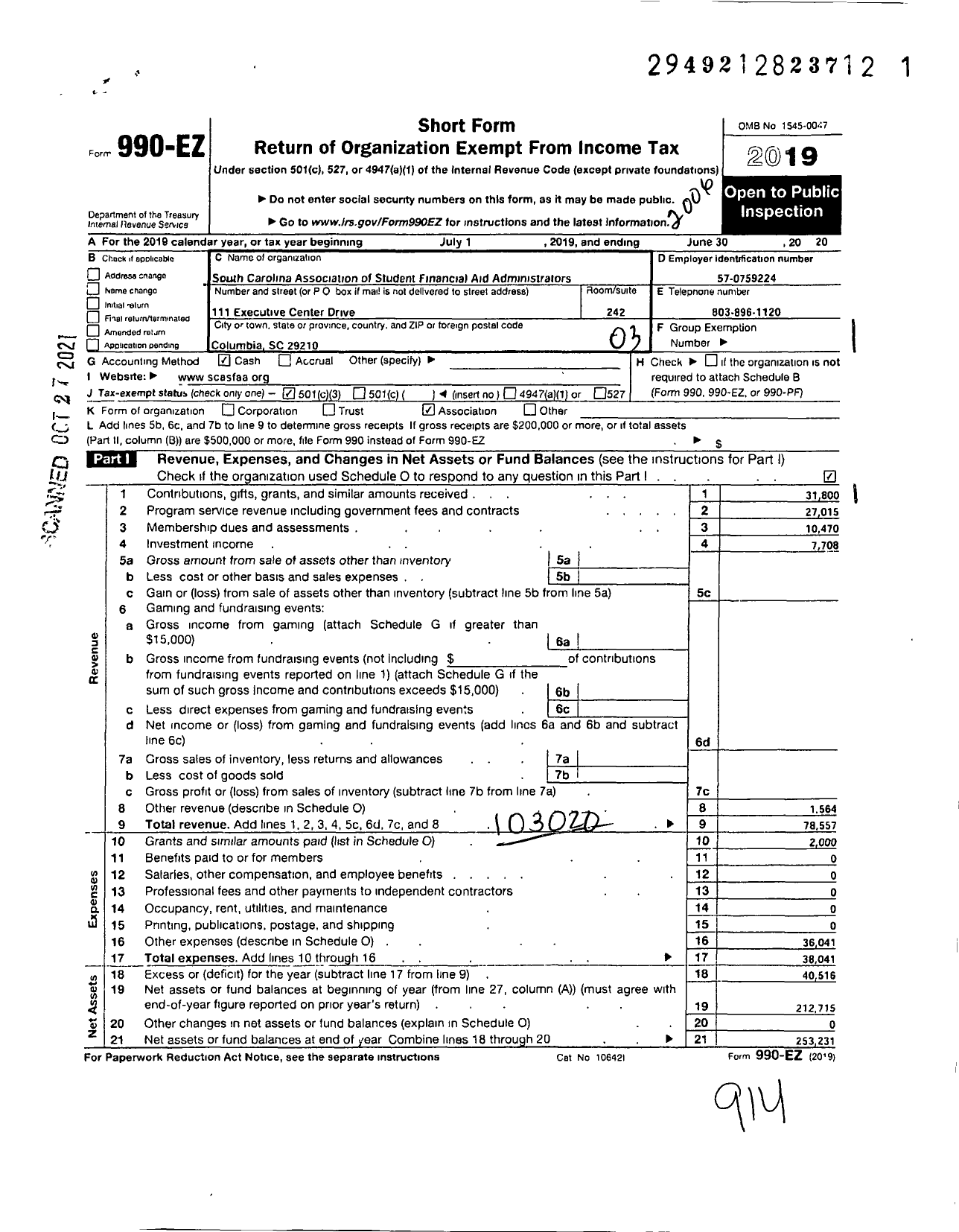 Image of first page of 2019 Form 990EZ for South Carolina Association of Student Financial Aid Administrators (SCASFAA)