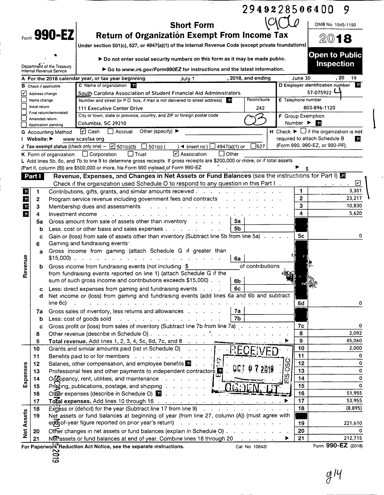 Image of first page of 2018 Form 990EZ for South Carolina Association of Student Financial Aid Administrators (SCASFAA)