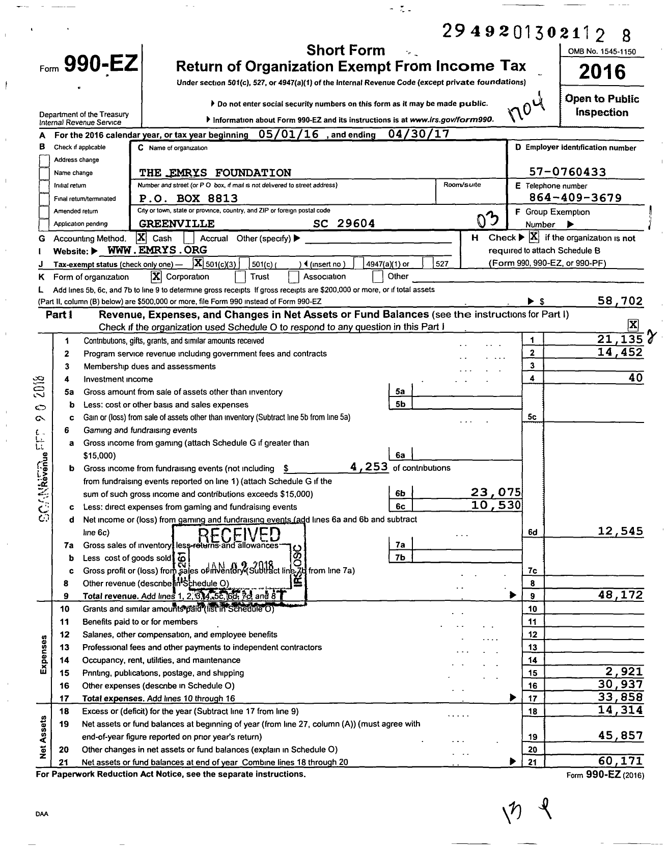 Image of first page of 2016 Form 990EZ for The Emrys Foundation