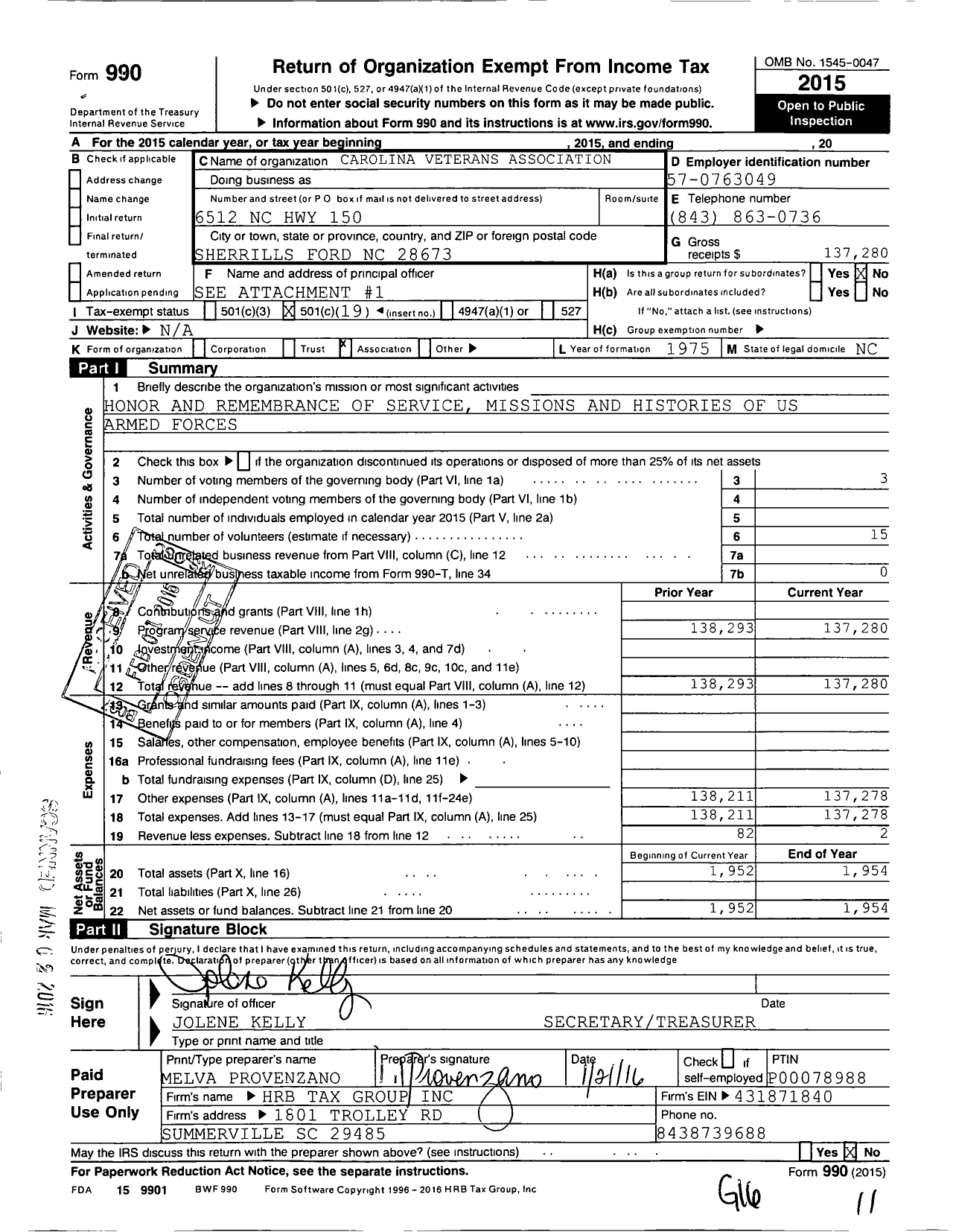 Image of first page of 2015 Form 990O for Carolina Veterans Association