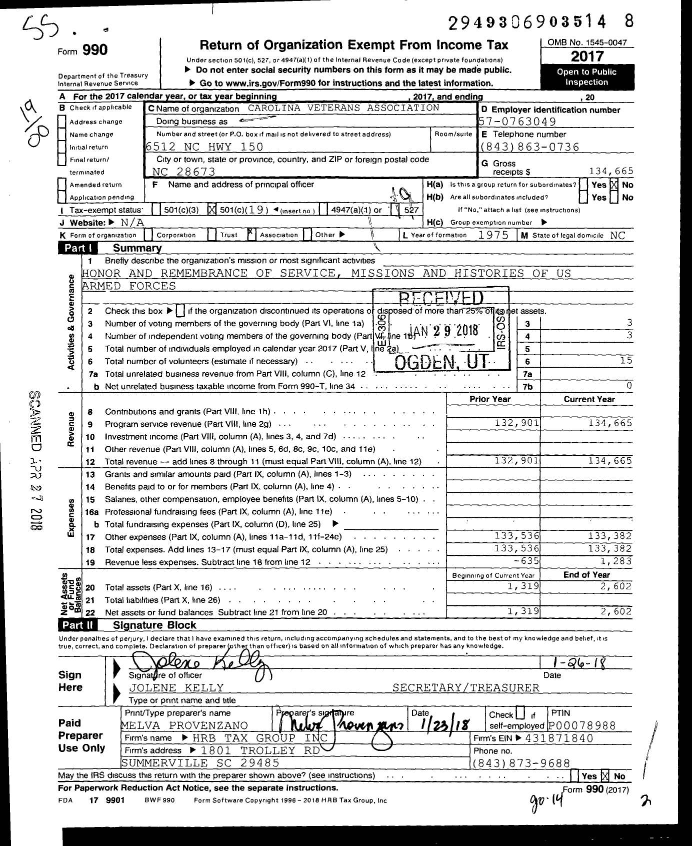 Image of first page of 2017 Form 990O for Carolina Veterans Association