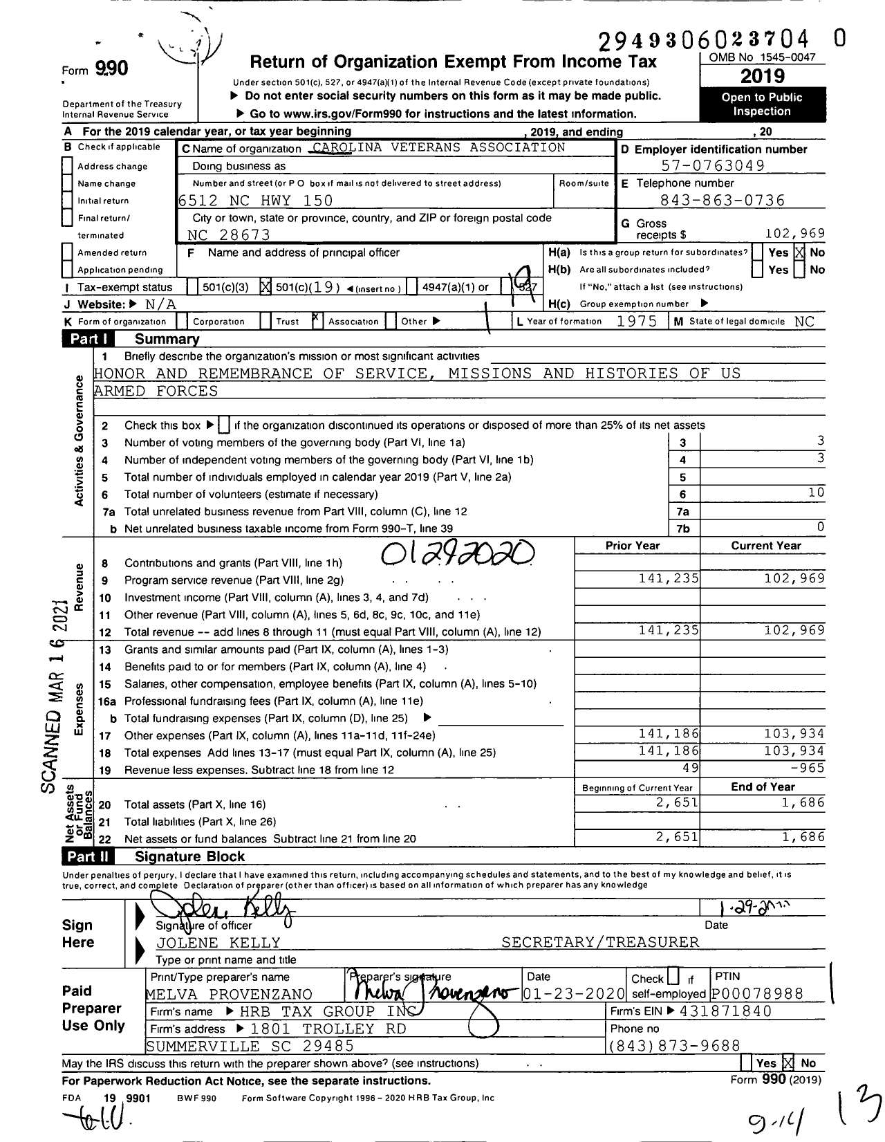 Image of first page of 2019 Form 990O for Carolina Veterans Association