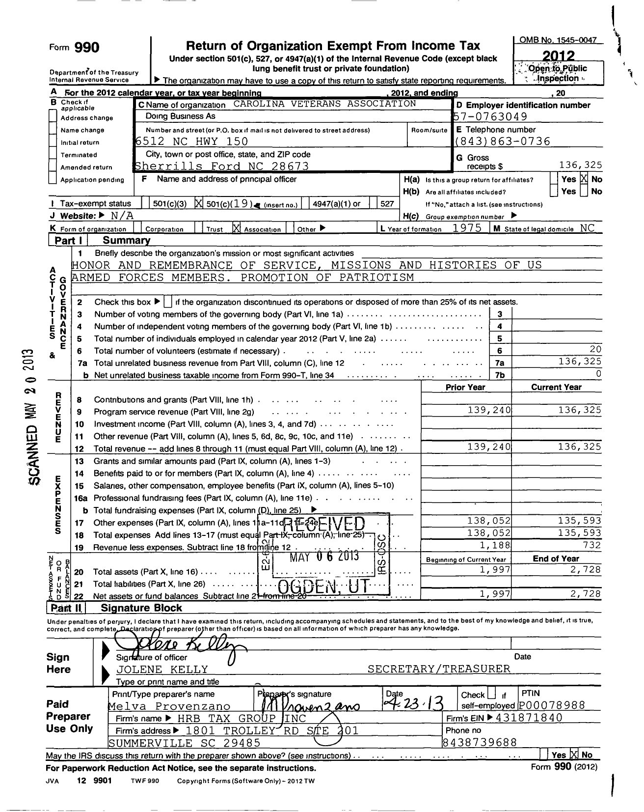 Image of first page of 2012 Form 990O for Carolina Veterans Association