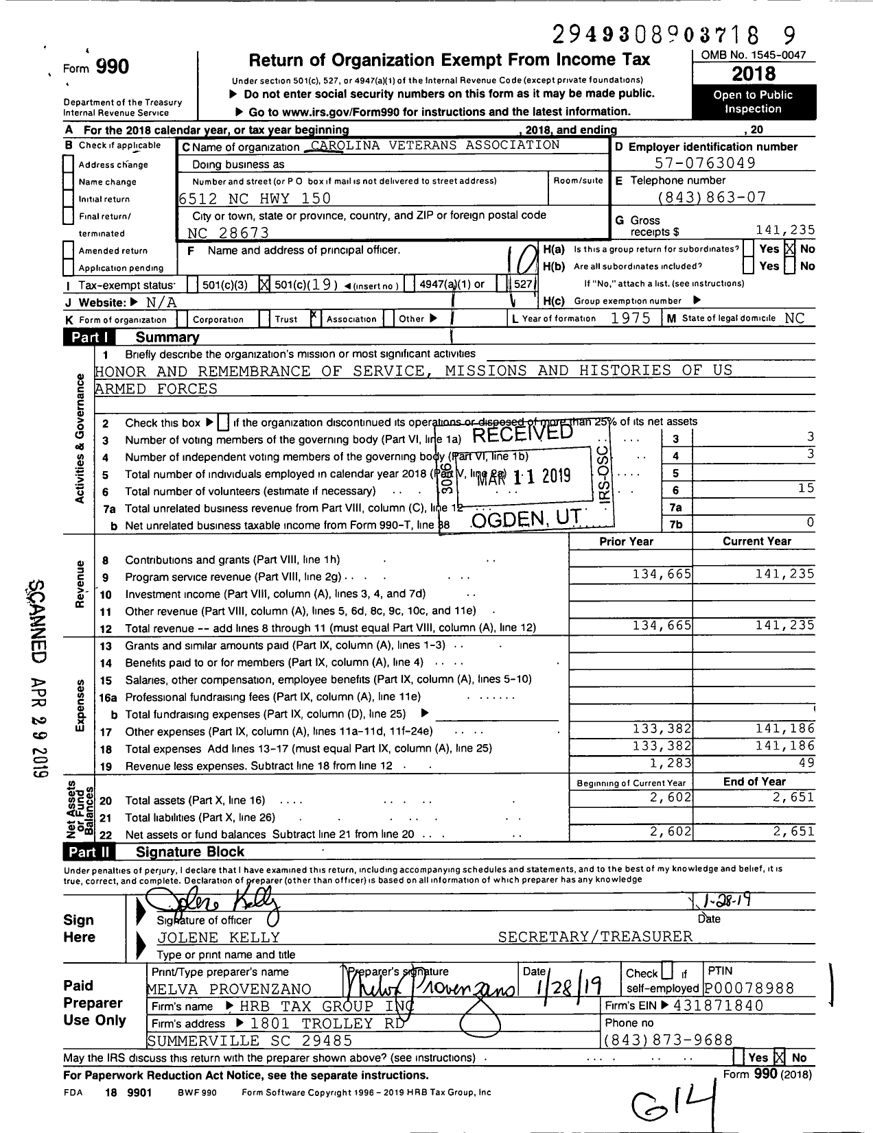Image of first page of 2018 Form 990O for Carolina Veterans Association
