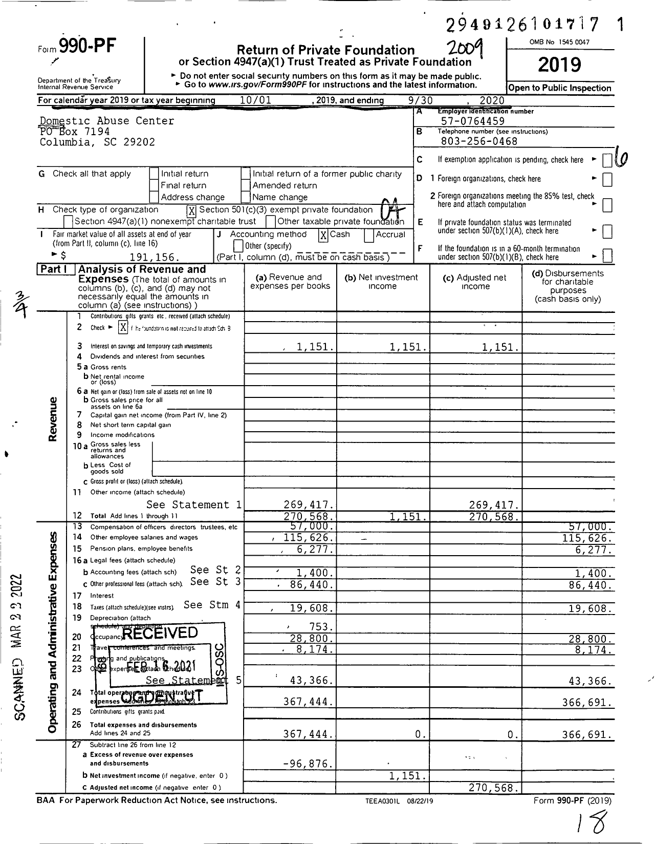 Image of first page of 2019 Form 990PF for Domestic Abuse Center