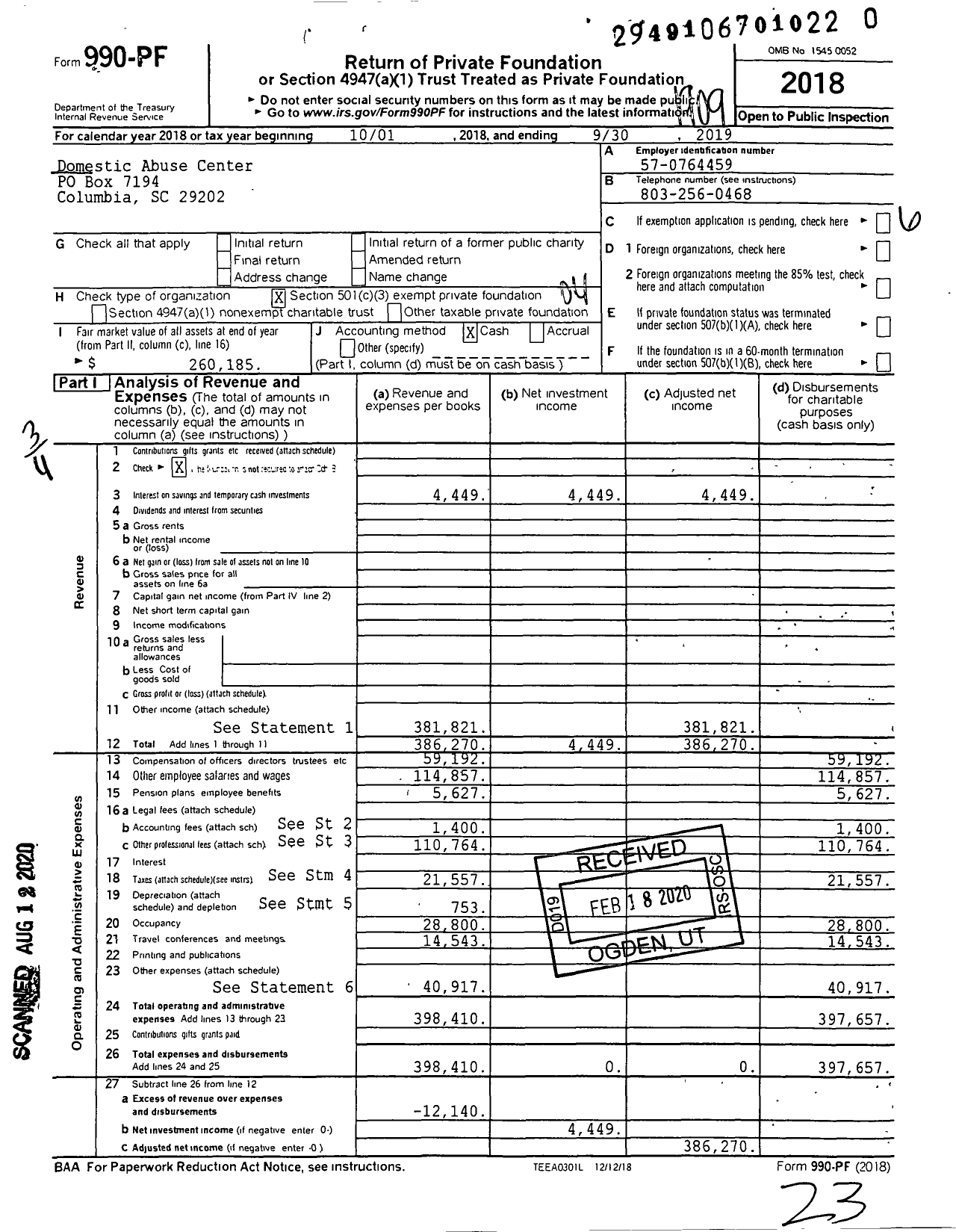 Image of first page of 2018 Form 990PR for Domestic Abuse Center