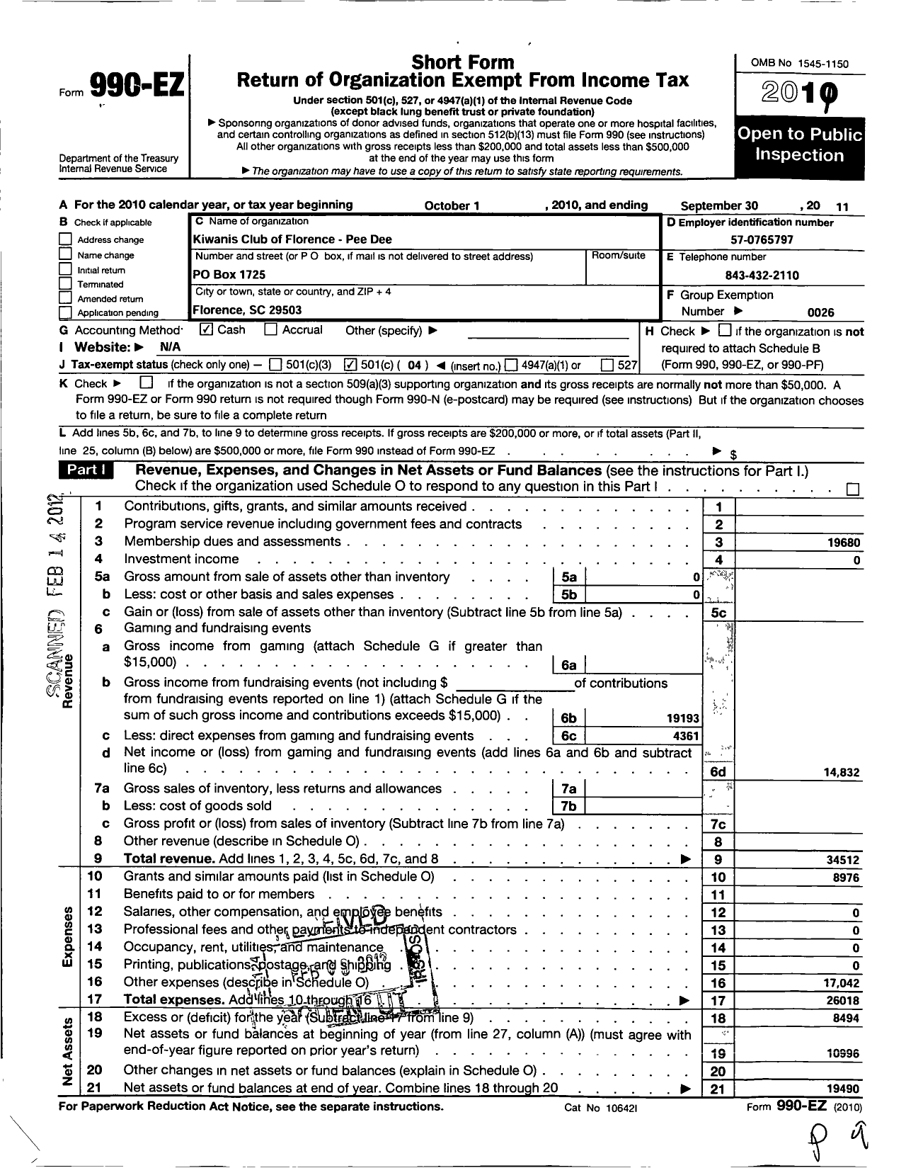 Image of first page of 2010 Form 990EO for Kiwanis International