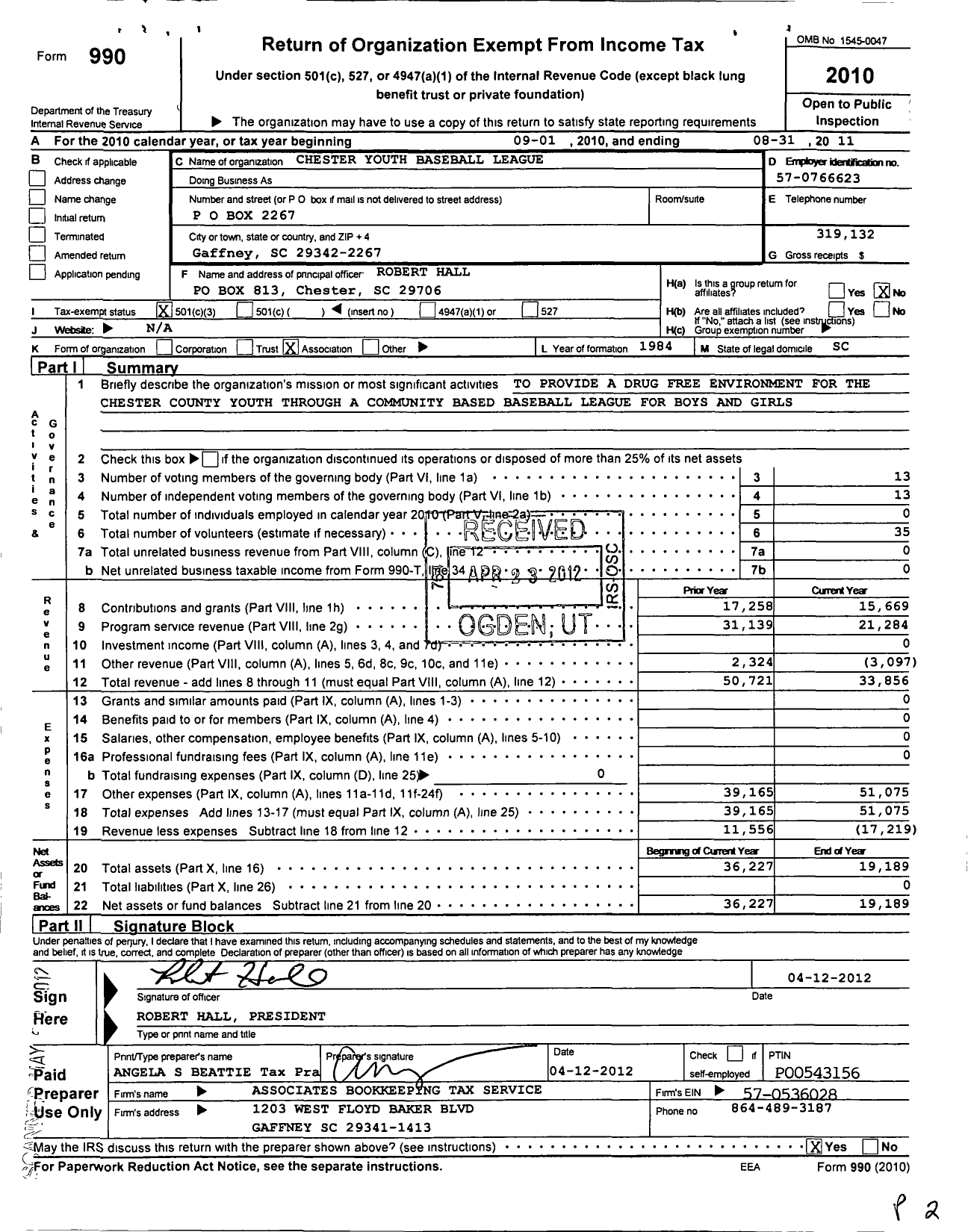 Image of first page of 2010 Form 990 for Chester Youth Baseball League