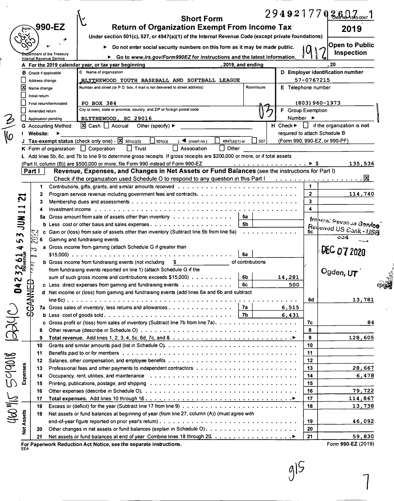 Image of first page of 2019 Form 990EZ for Blythewood Youth Baseball and Softball League