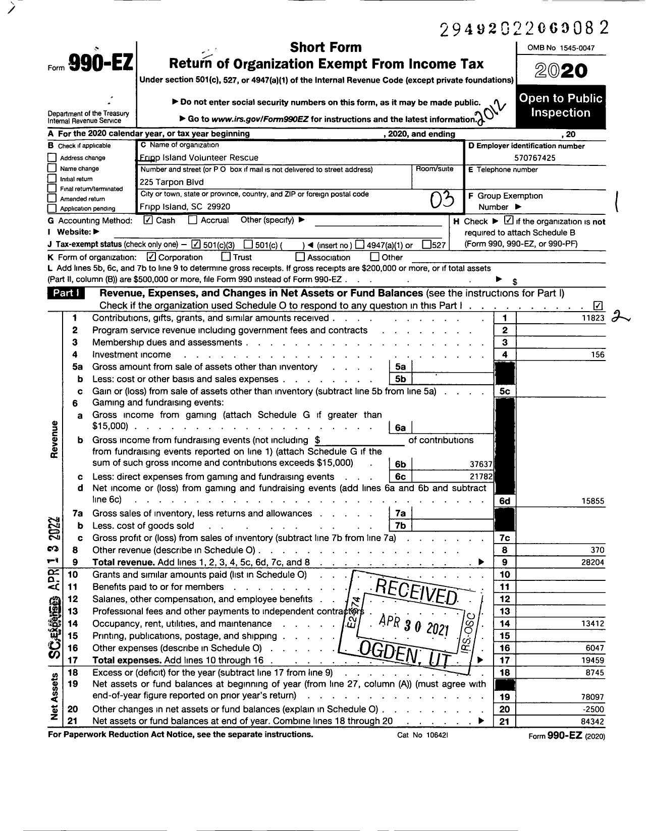 Image of first page of 2020 Form 990EZ for Fripp Island Volunteer Rescue