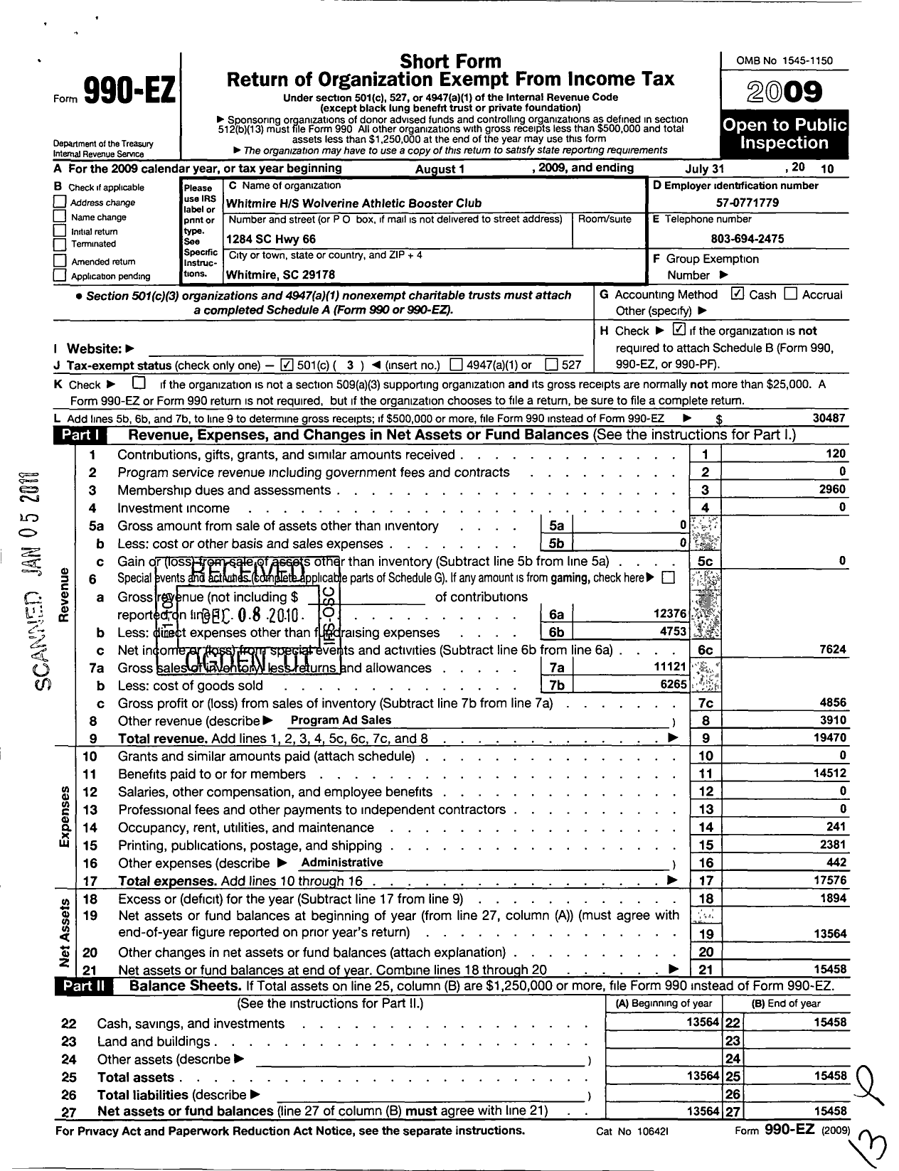 Image of first page of 2009 Form 990EZ for Whitmire High School Athletic Boost