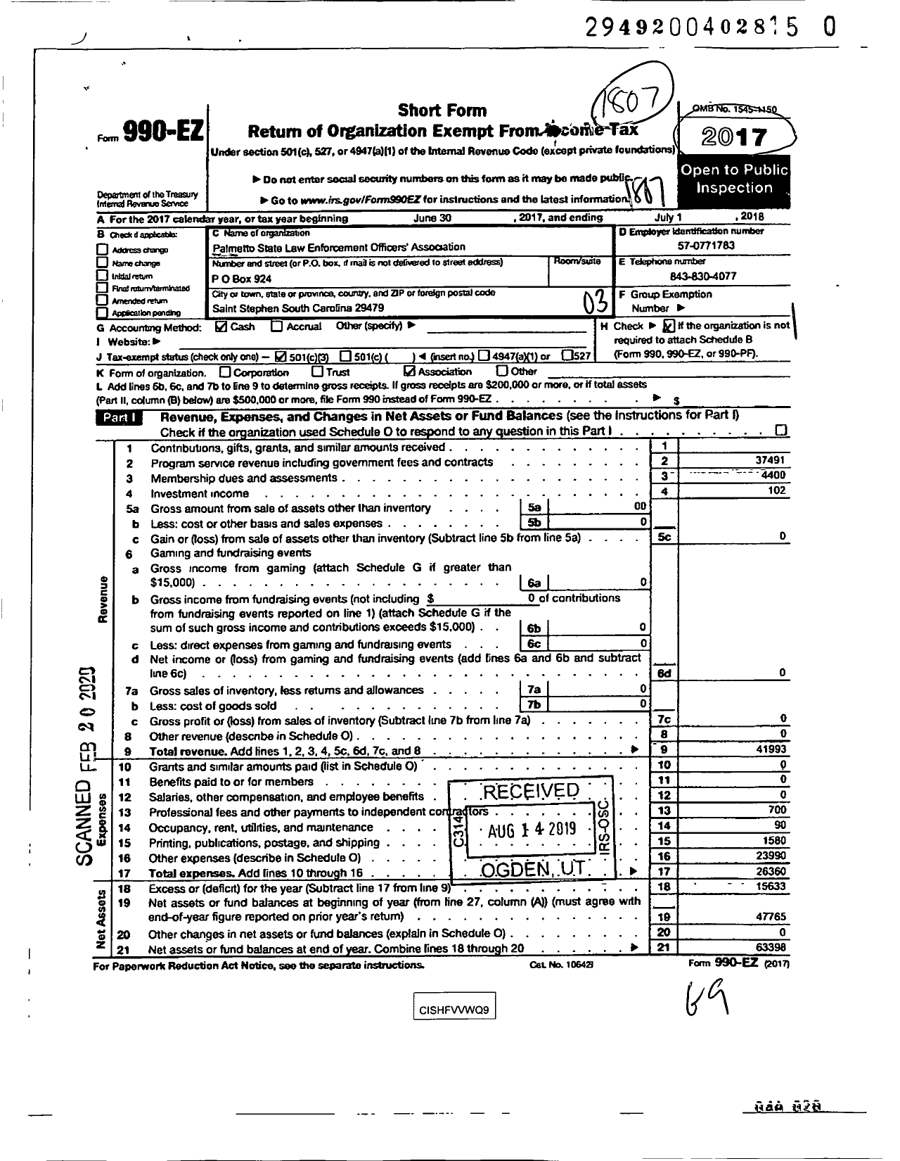 Image of first page of 2017 Form 990EZ for Palmetto Statelaw Enforcementofficersassociation