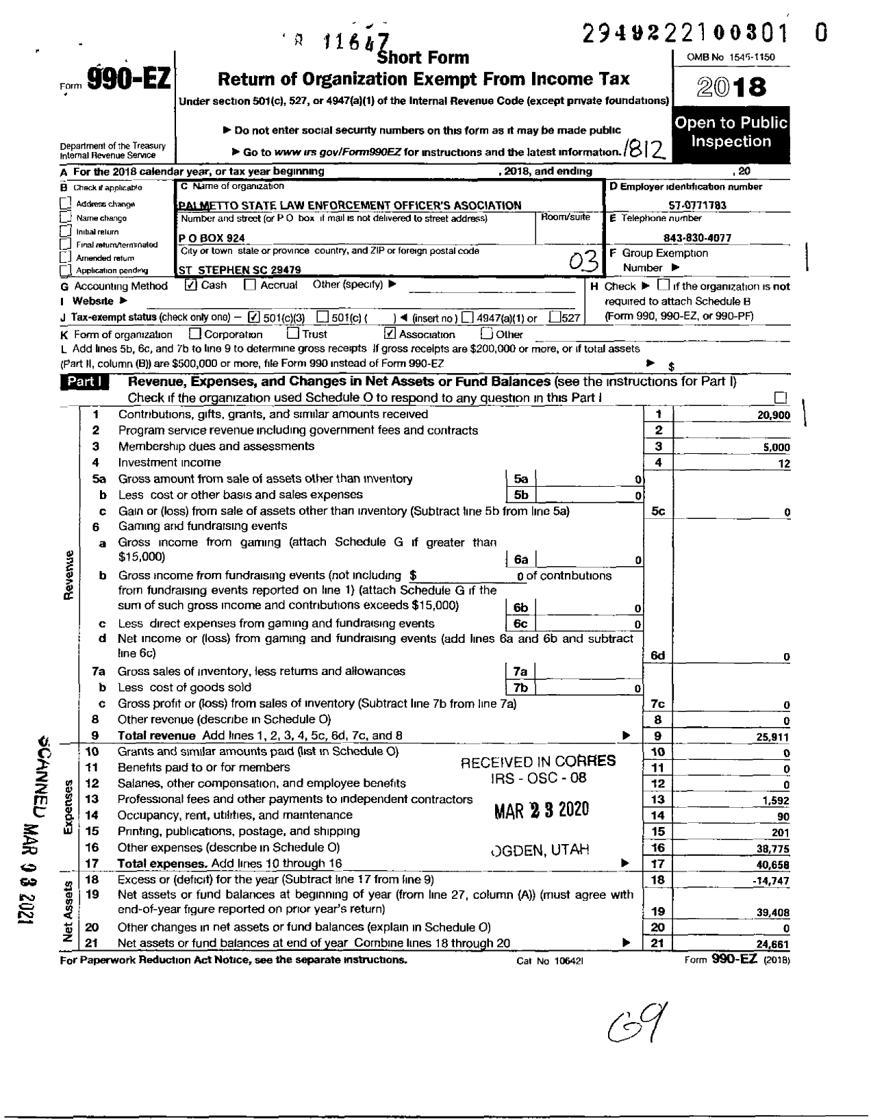 Image of first page of 2018 Form 990EZ for Palmetto Statelaw Enforcementofficersassociation