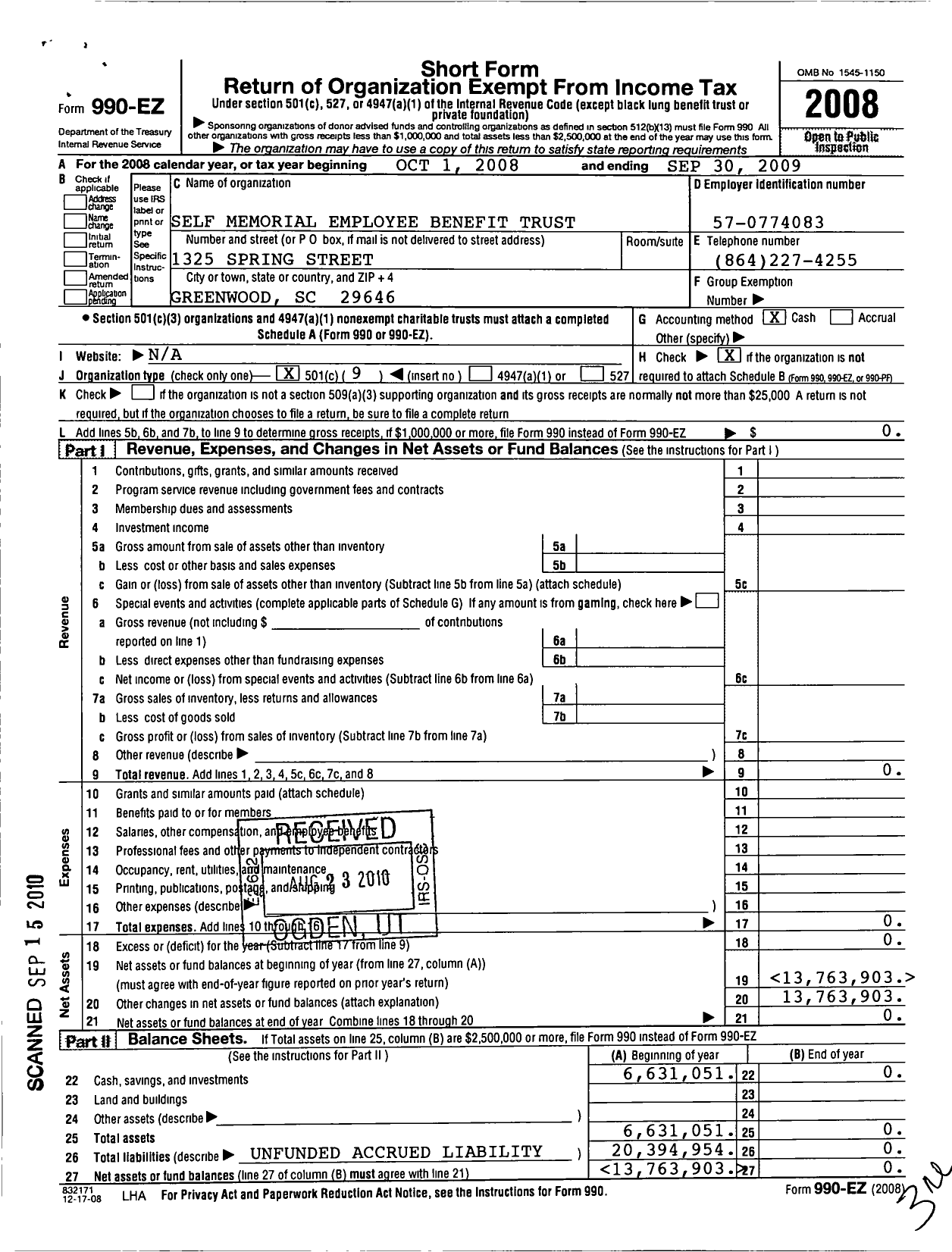 Image of first page of 2008 Form 990EO for Self Memorial Employee Benefit Trust