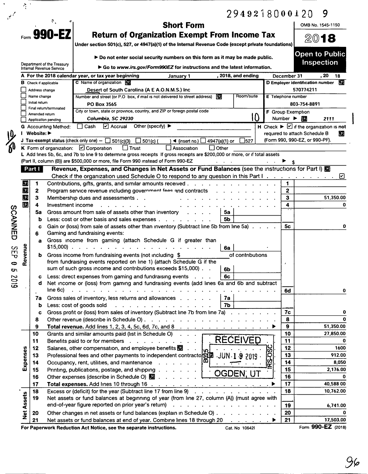 Image of first page of 2018 Form 990EO for Desert of South Carolina Aeaonms