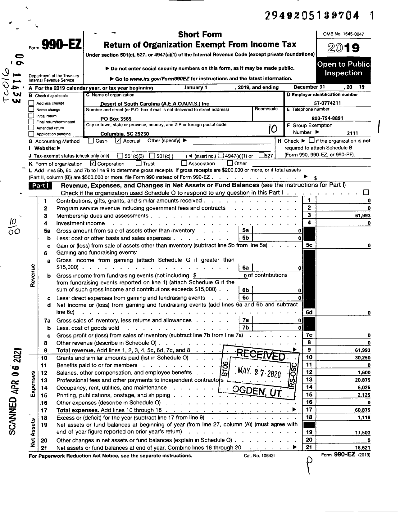 Image of first page of 2019 Form 990EO for Desert of South Carolina Aeaonms