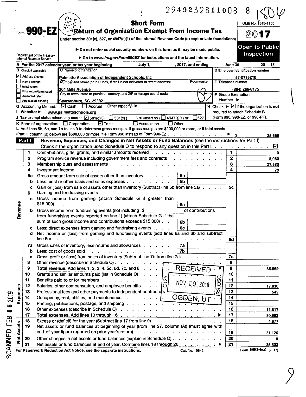 Image of first page of 2017 Form 990EZ for The Palmetto Association of Independent Schools
