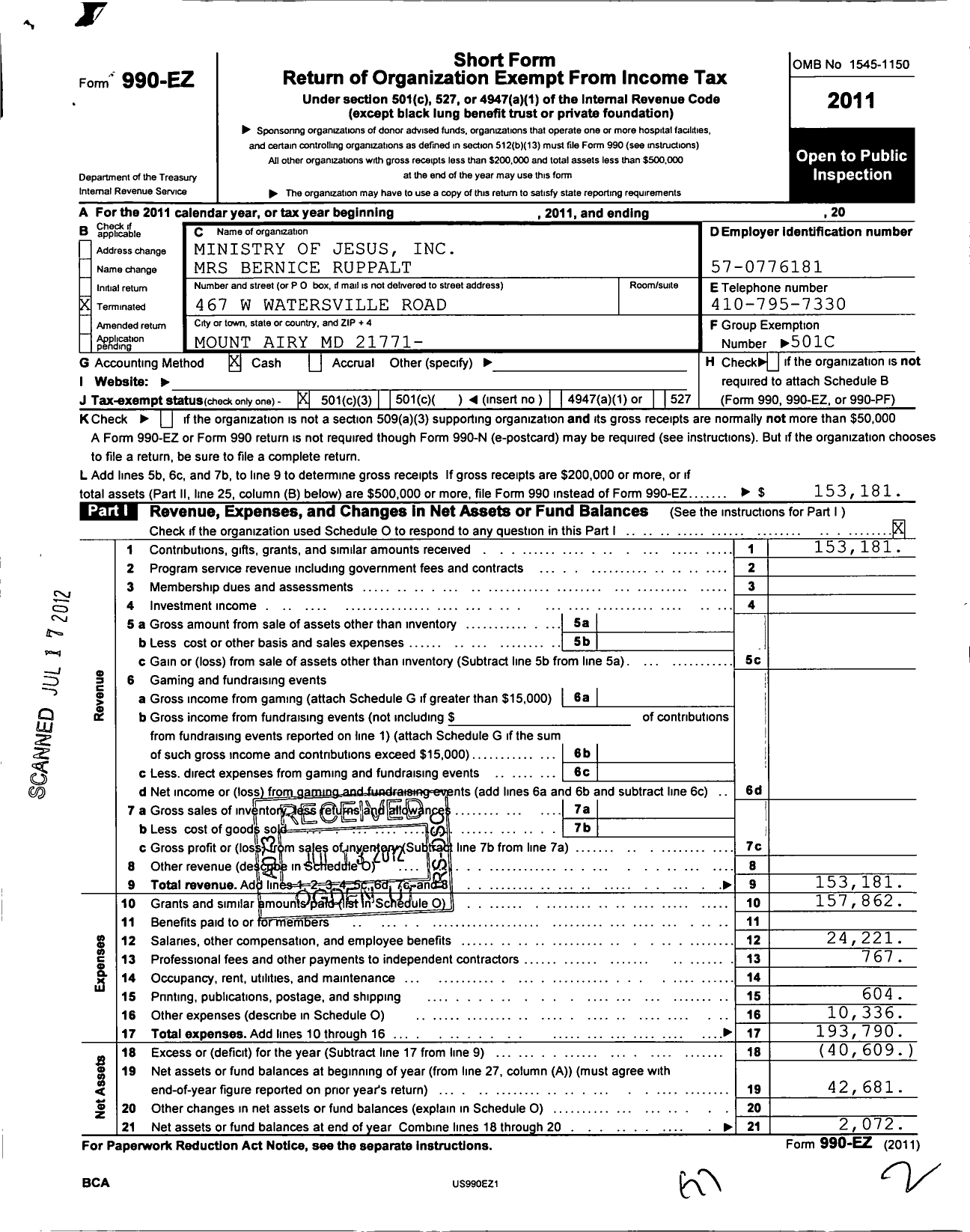 Image of first page of 2011 Form 990EZ for Ministry of Jesus MRS Bernice Ruppalt