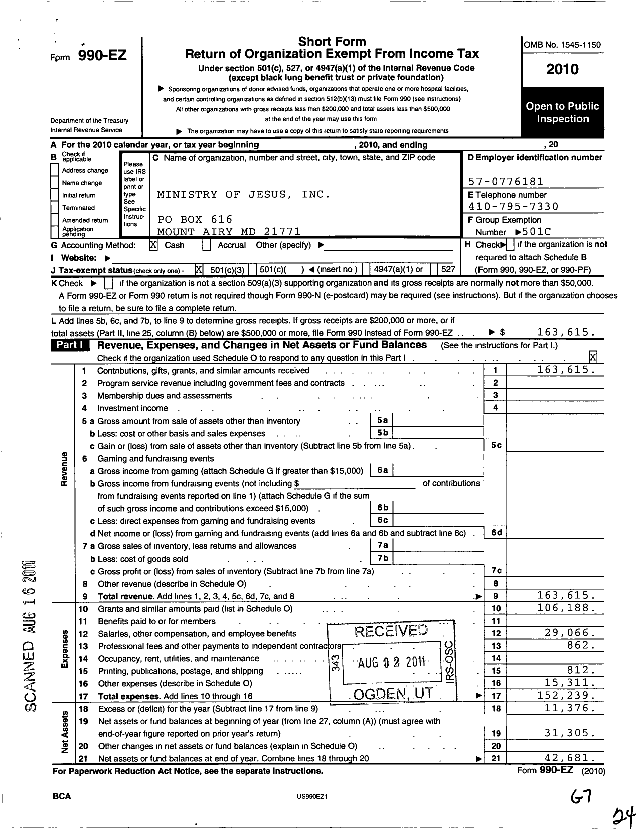 Image of first page of 2010 Form 990EZ for Ministry of Jesus MRS Bernice Ruppalt