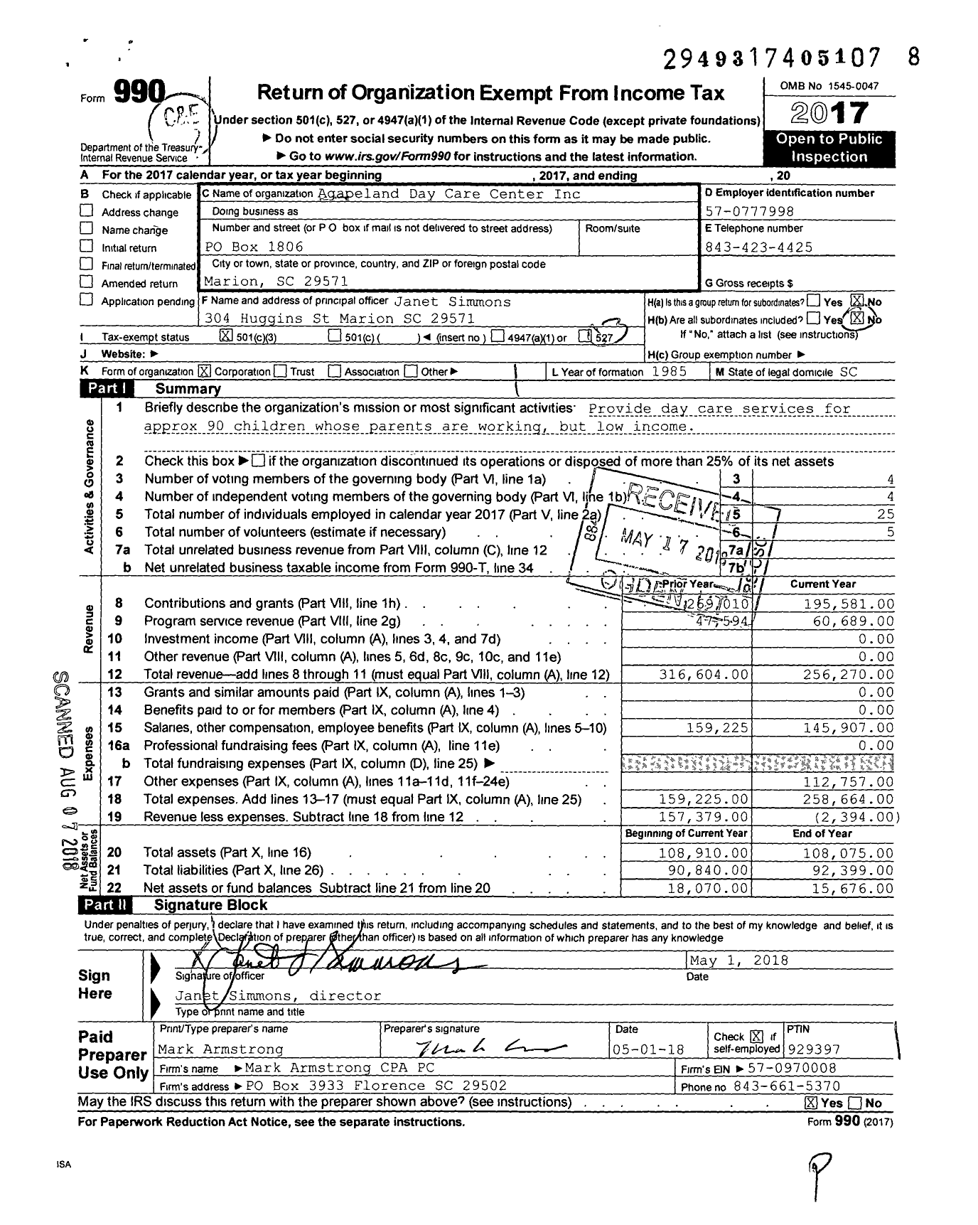 Image of first page of 2017 Form 990 for Agapeland Day Care Center