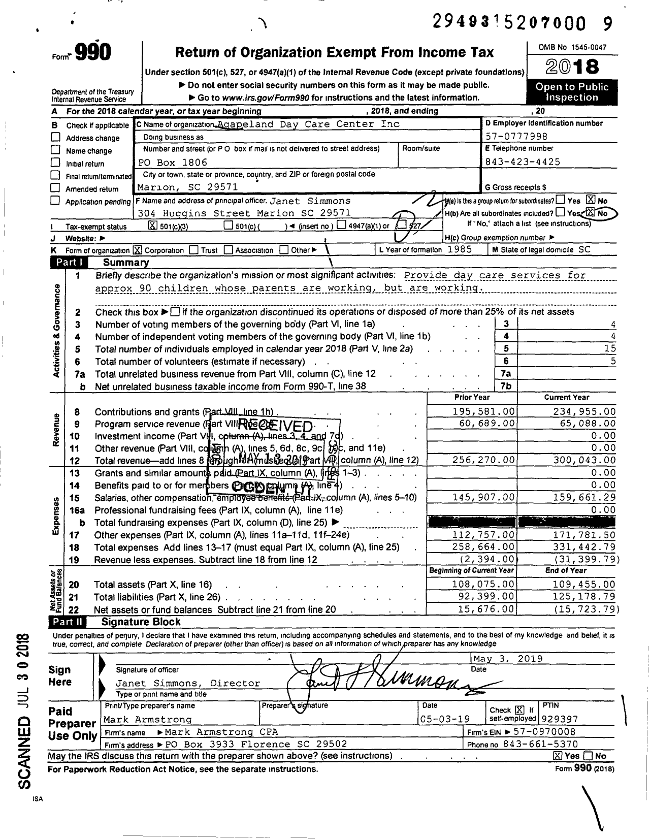 Image of first page of 2018 Form 990 for Agapeland Day Care Center