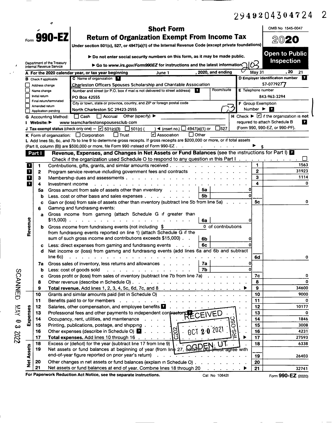 Image of first page of 2020 Form 990EZ for Charleston Officers Spouses Scholarship and Charitable Association