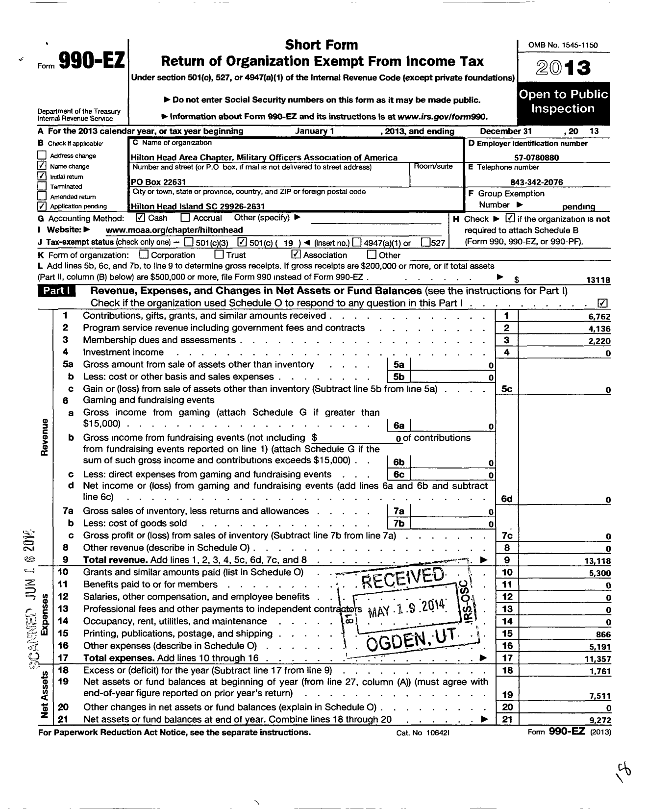 Image of first page of 2013 Form 990EO for Hilton Head Chapter the Retired Officers Association