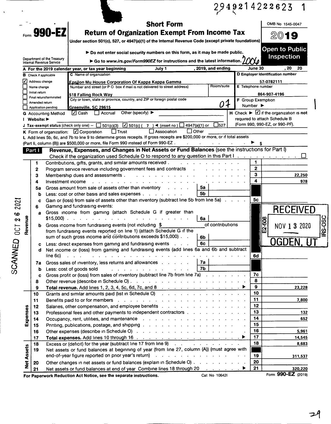 Image of first page of 2019 Form 990EO for Epsilon Mu House Corporation of Kappa Kappa Gamma Fraternity