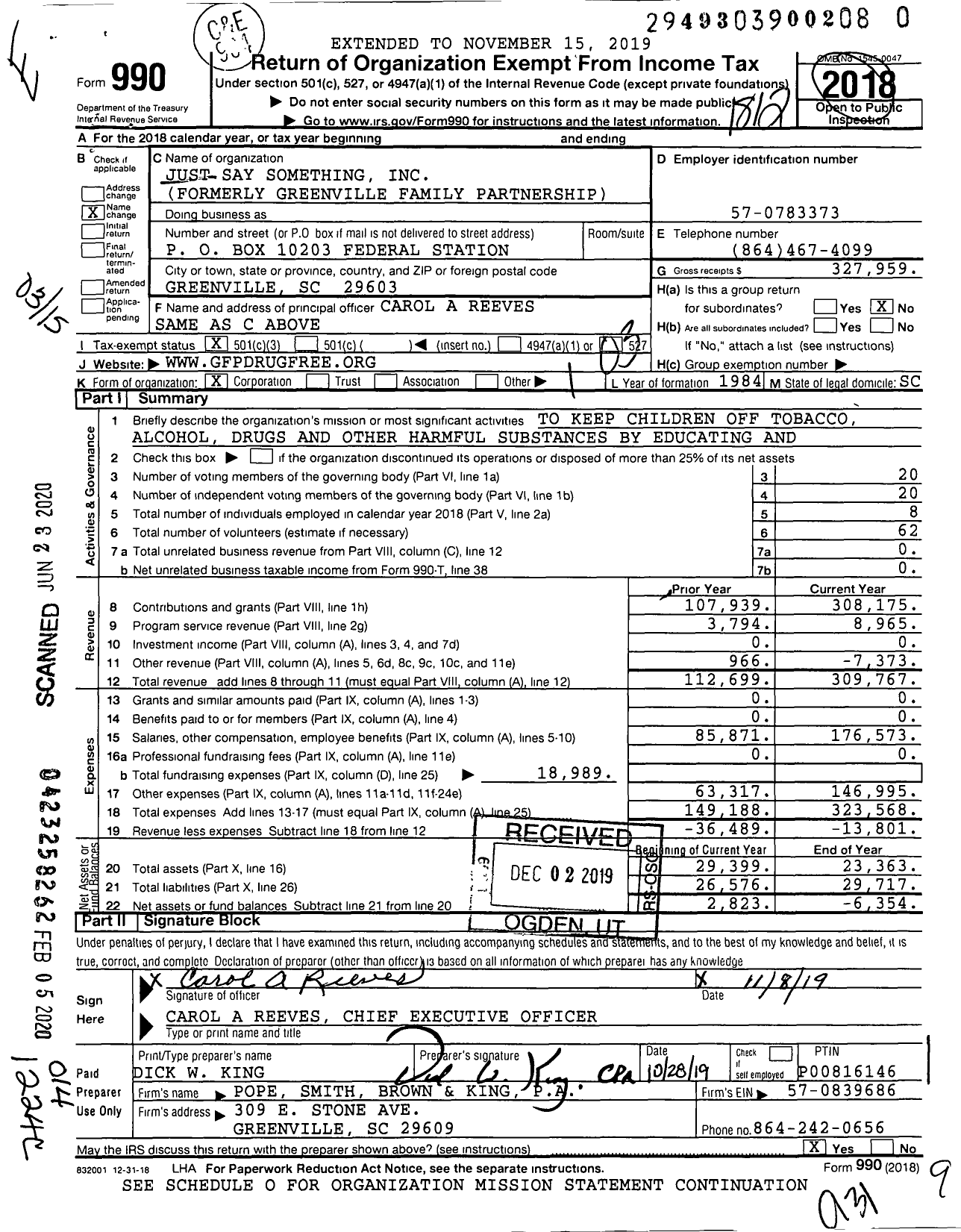 Image of first page of 2018 Form 990 for Just Say Something