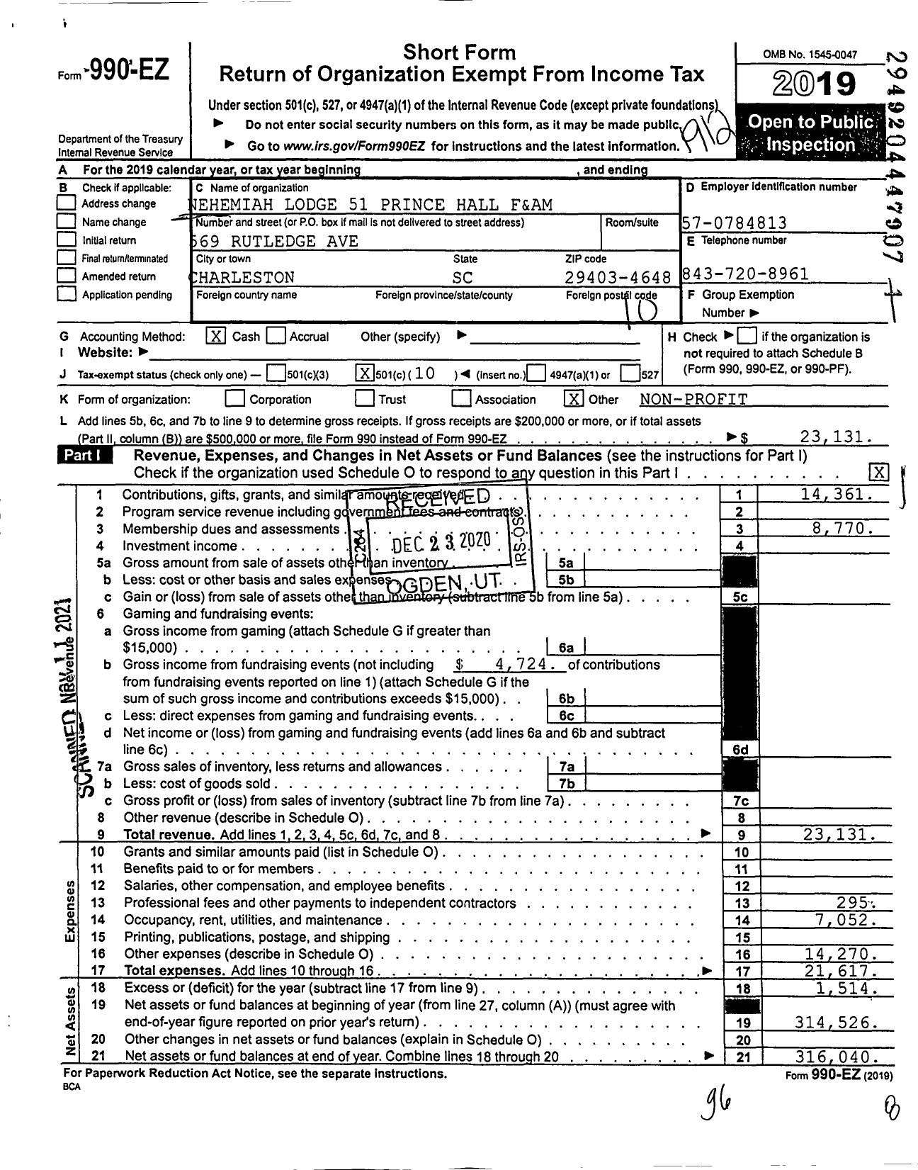 Image of first page of 2019 Form 990EO for Nehemiah Lodge 51 Prince Hall F&am