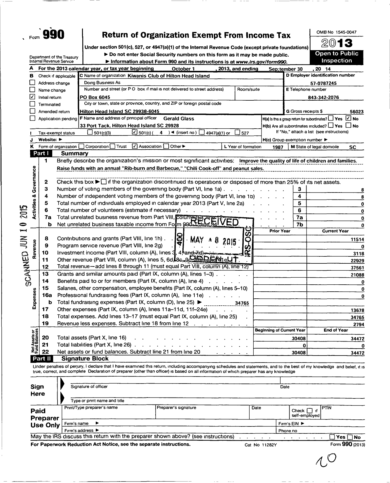 Image of first page of 2013 Form 990O for Kiwanis International / K11141 Hilton Head Island