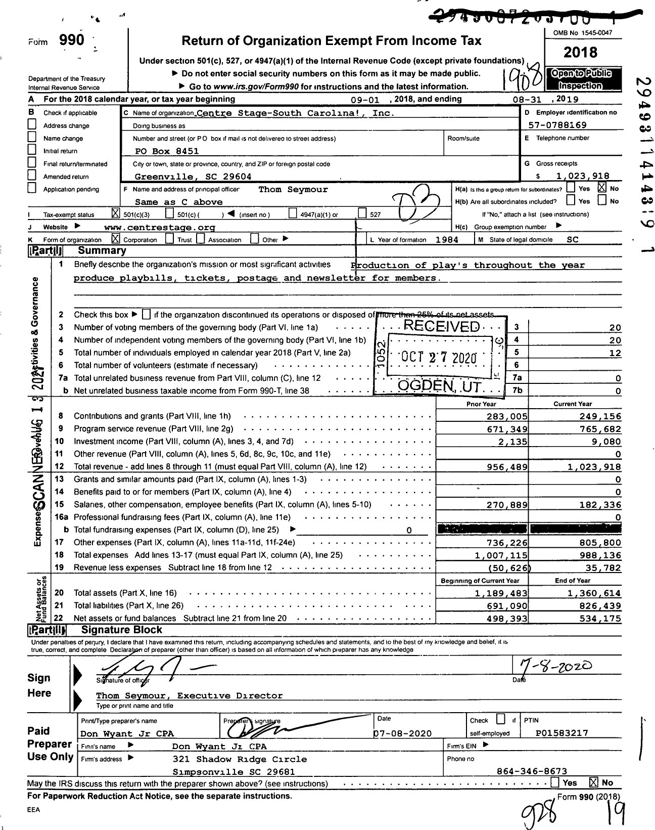 Image of first page of 2018 Form 990 for Centre Stage-South Carolina