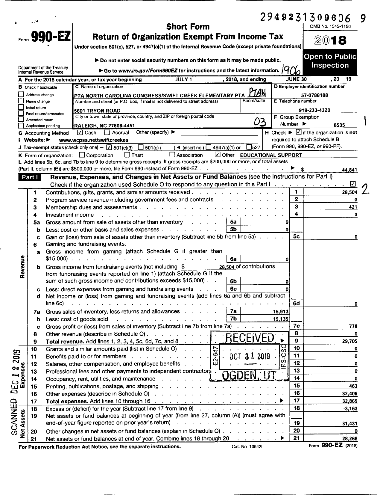 Image of first page of 2018 Form 990EZ for North Carolina PTA - Swift Creek Elementary School PTA