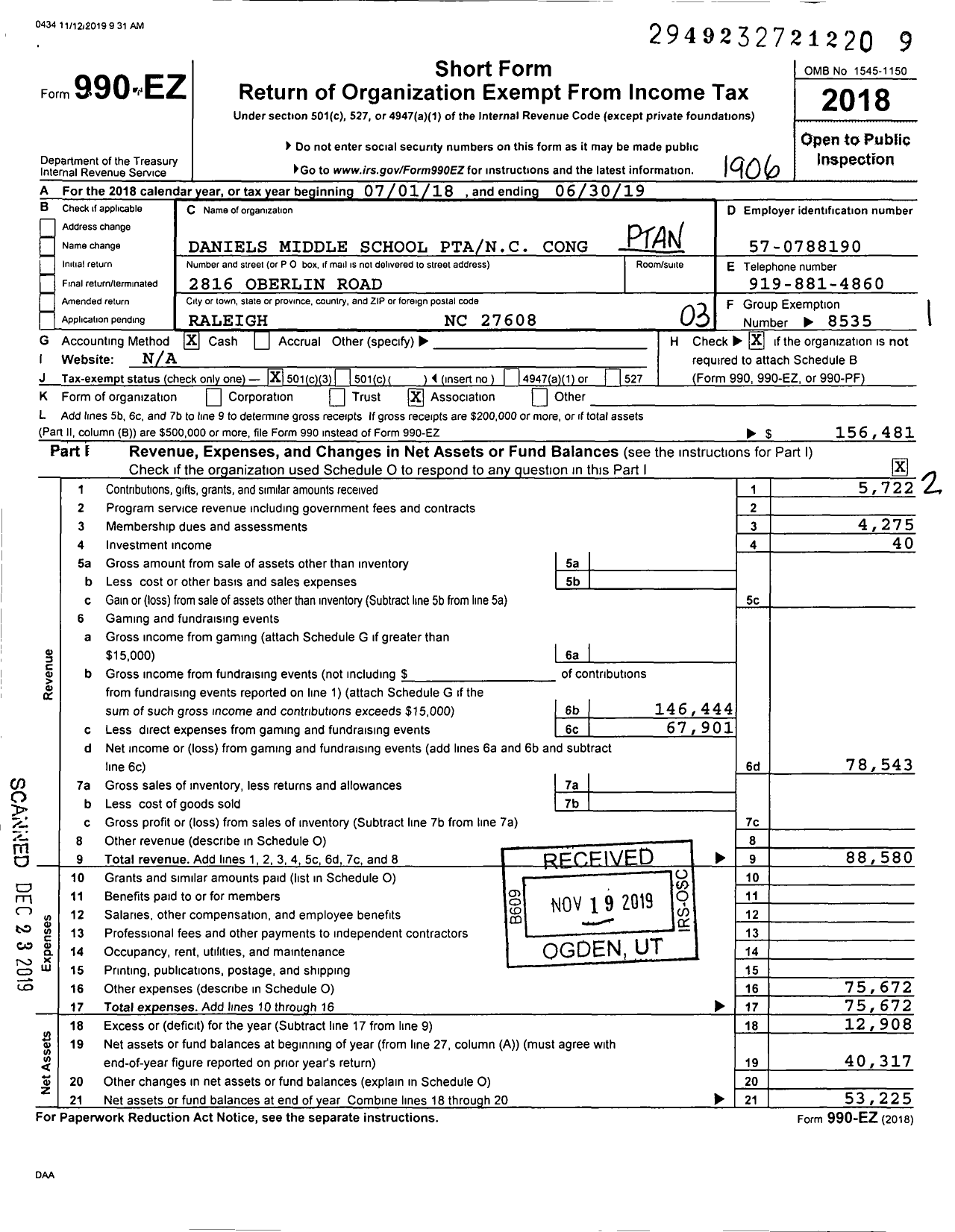 Image of first page of 2018 Form 990EZ for North Carolina PTA - Oberlin Middle School PTA
